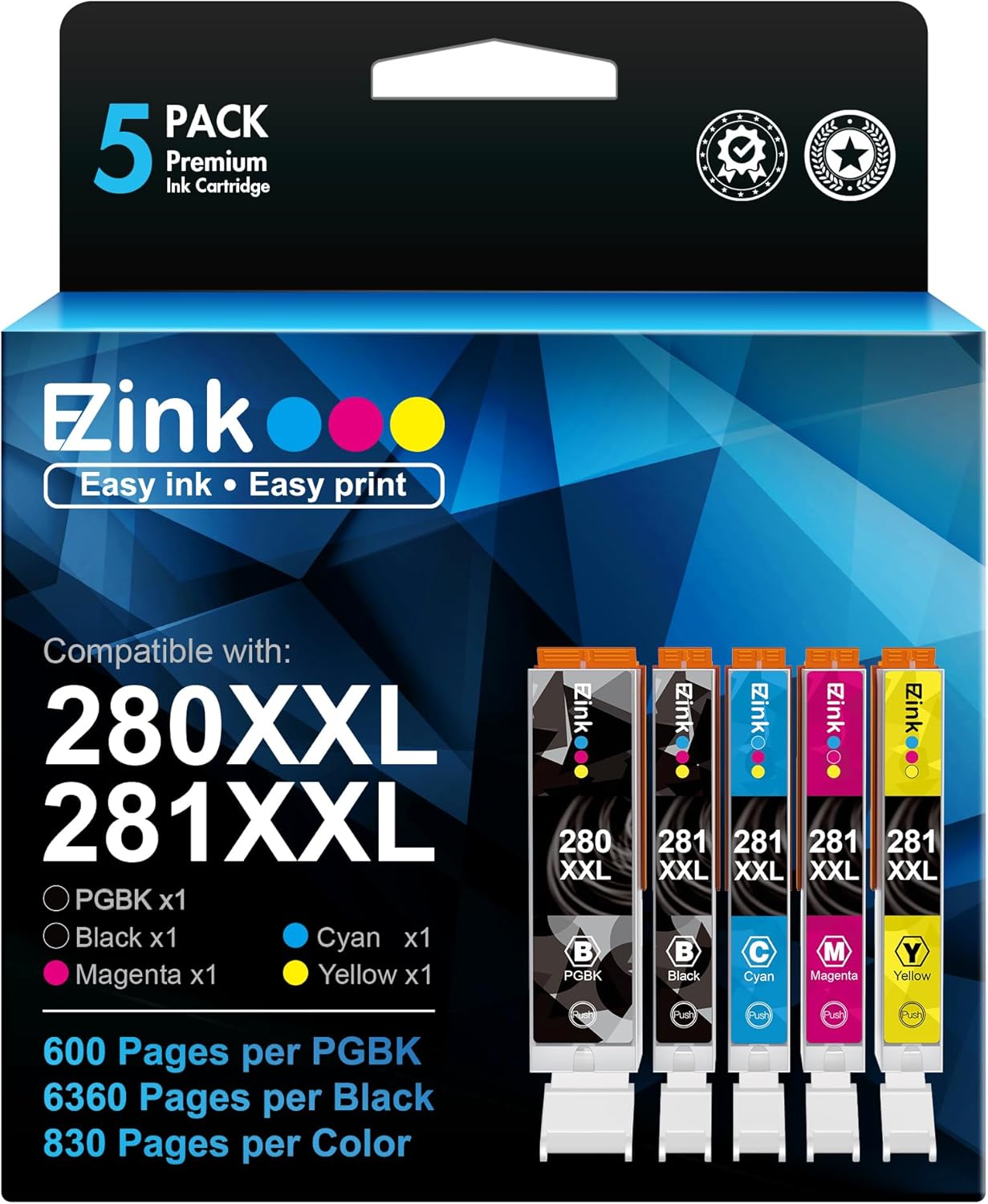 E-Z Ink Compatible Ink Cartridge Replacement for Canon PGI-280XXL CLI-281XXL 280 XXL 281 XXL Compatible with TR8620a TR8620 TS702a TS9520 TS9521C TR8520 TS6220 TS6320 TS8220 (5 Pack)