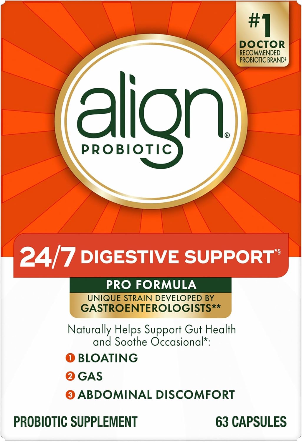 Align Probiotic, Pro Formula, Probiotics for Women and Men, Daily Probiotic Supplement, Helps Relieve Occasional Bloating & Gas*, #1 Doctor Recommended Brand‡, 63 Capsules (Packaging May Vary)