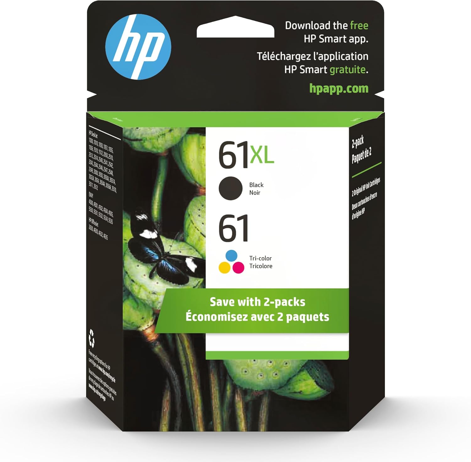 HP Original 61 Tri-Color / 61XL Black Ink Cartridges (2-Pack) | Works DeskJet 1000, 1510, 2050, 2500, 3000, 3510 Envy 4500, 5530 OfficeJet 2620, 4630 | Eligible for Instant Ink |