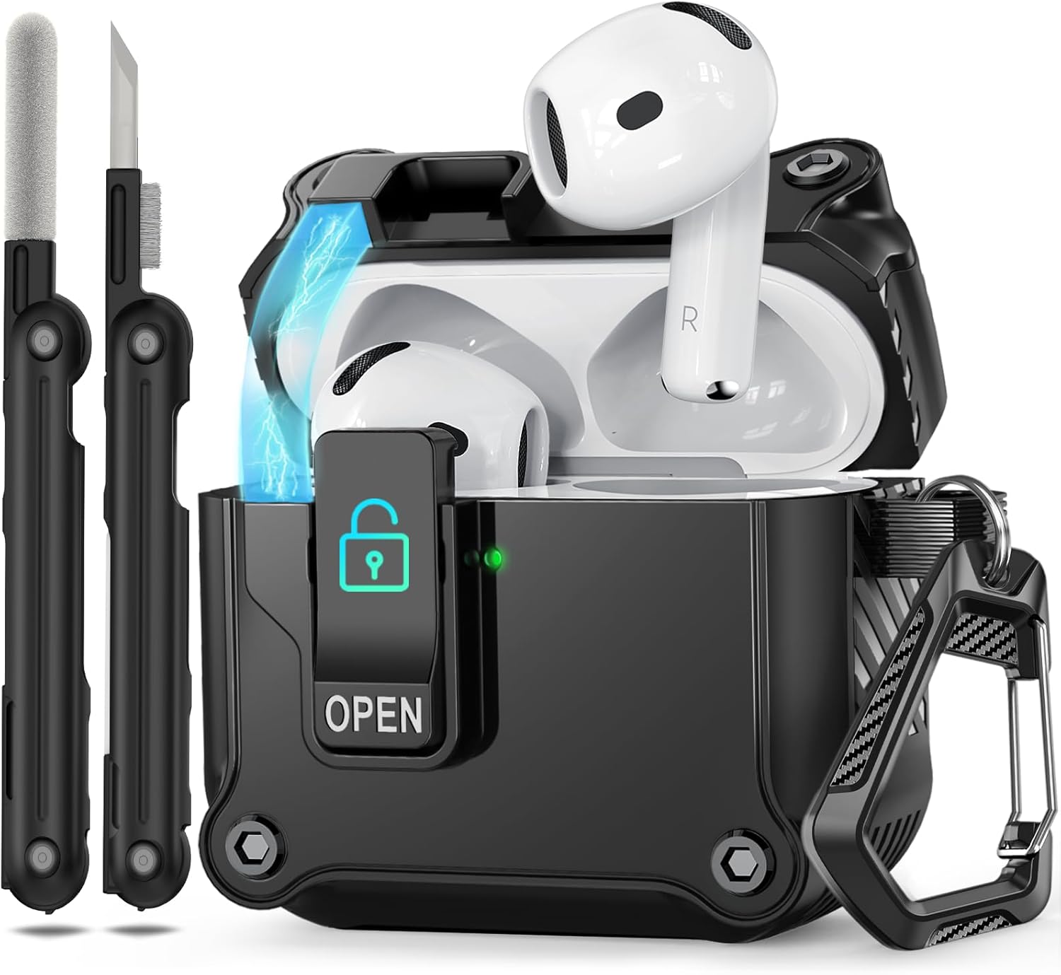 Case for AirPods 4th Generation Case with Cleaner Kit & Keychain, Ekoonpft Secure Lock Case Cover Compatible with AirPods 4 Gen (2024) (USB-C), Front LED Visible,Powerful Drop Protection, Black