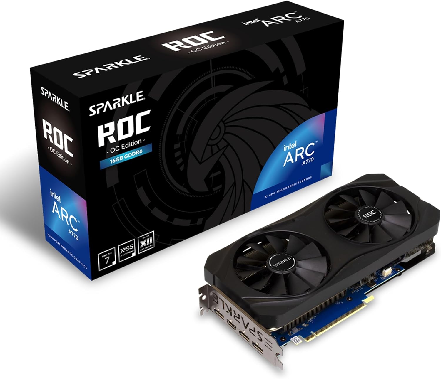 Sparkle Intel Arc A770 ROC OC Edition, 16GB GDDR6, 2X DBB 100mm Fan, 2.5-Slot, Metal Backplate, SA770R-16GOC