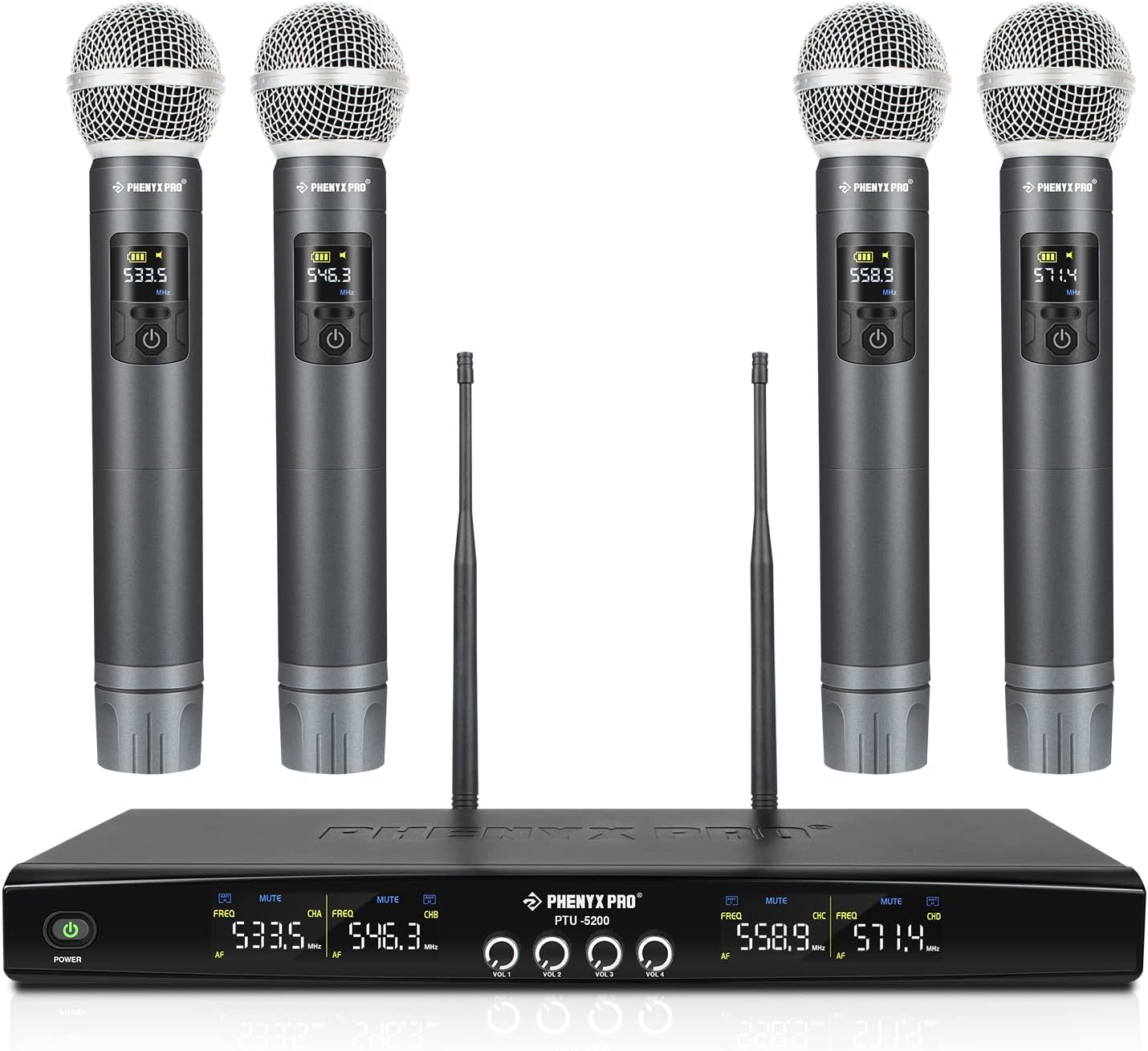 Phenyx Pro Wireless Microphone System, Metal Wireless Mic Set with 4 Cordless Mics, 4×25 UHF Adjustable Frequencies, 200ft Range, Dynamic Microphones for Singing, Karaoke, Church, DJ (PTU-5200-4H)