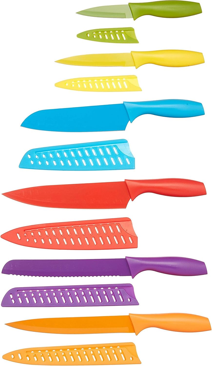 Amazon Basics Color-Coded Dishwasher Safe Kitchen 12-Piece Knife Set, 6 Knives with 6 Blade Guards, Multicolor, 13.88 x 4.13 x 1.38 inch