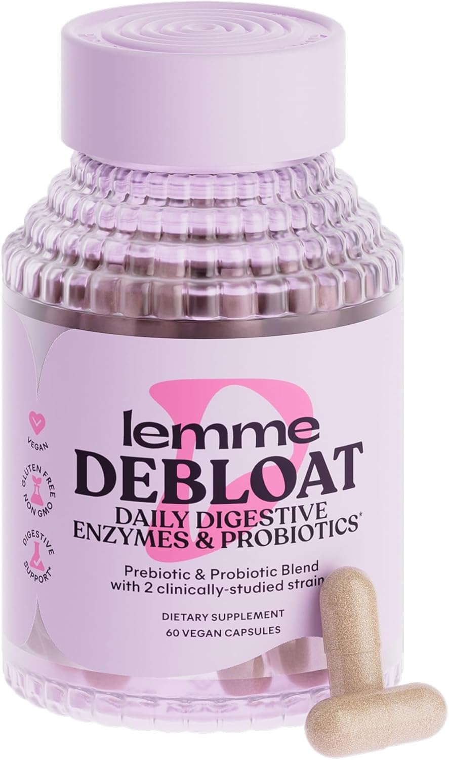 Lemme Debloat 3-in-1 Prebiotic, Probiotic & Digestive Enzyme Capsules for Bloating & Gas Relief – 2 Clinically Studied Probiotics w/5 Digestive Enzymes to Improve Digestion, Women & Men, Vegan, 60 ct