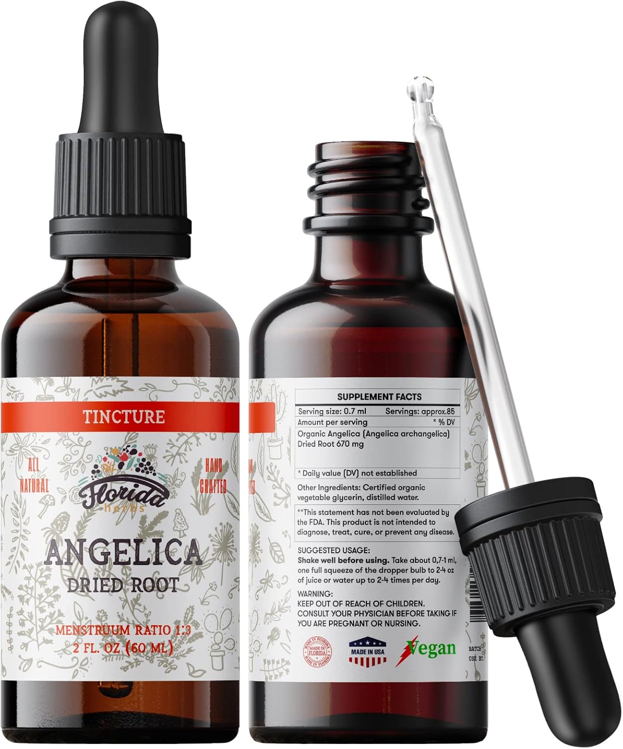 Angelica Tincture, Organic Angelica Extract (Angelica archangelica) Dried Root Herbal Supplement, Non-GMO in Cold-Pressed Organic Vegetable Glycerin, 700 mg, 2 oz (60 ml)