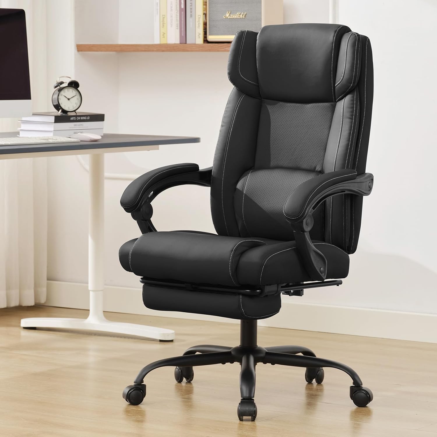 Executive Office Chair with Footrest,Thick Leather Office Chair with Lumbar Support,90-155°Adjustable Reclining Office Chair,Ergonomic Computer Desk Chair Comfy for Home Office(Black)