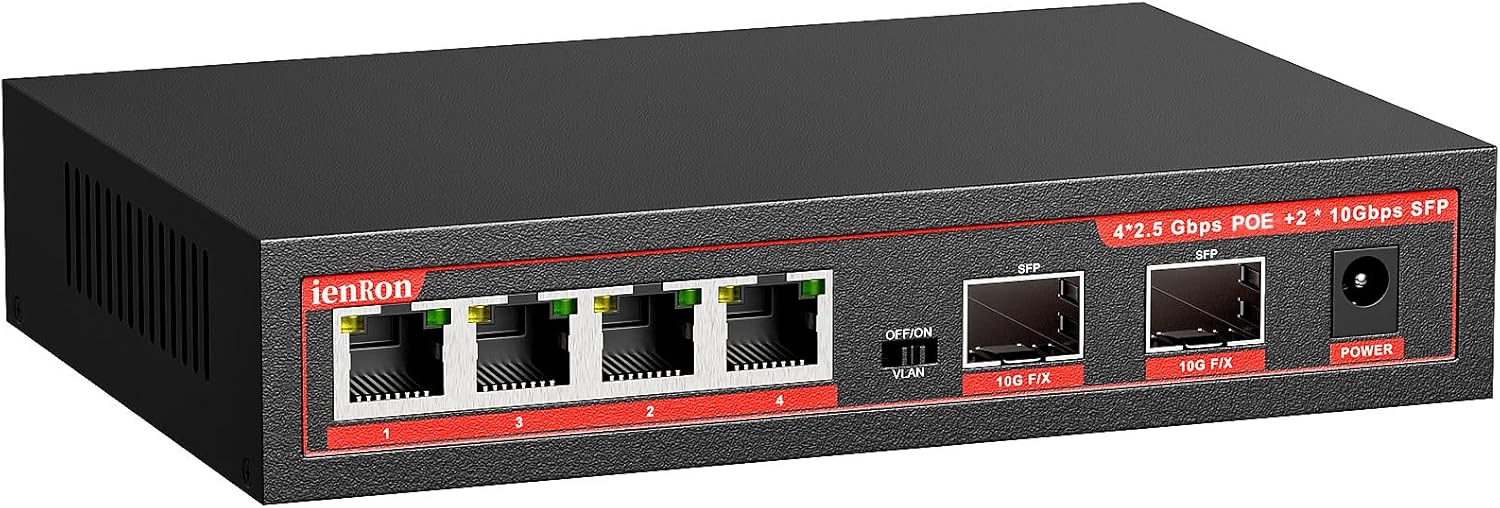 6 Port 2.5G PoE Switch, 4 x 2.5G Base-T PoE Ports with 2 x 10G SFP, IEEE802.3af/at, 65W Unmanaged 2.5Gb Network Switch Compatible with 100/1000/2500Mbps for AP, PC/Metal/Fanless/Wall Mountable