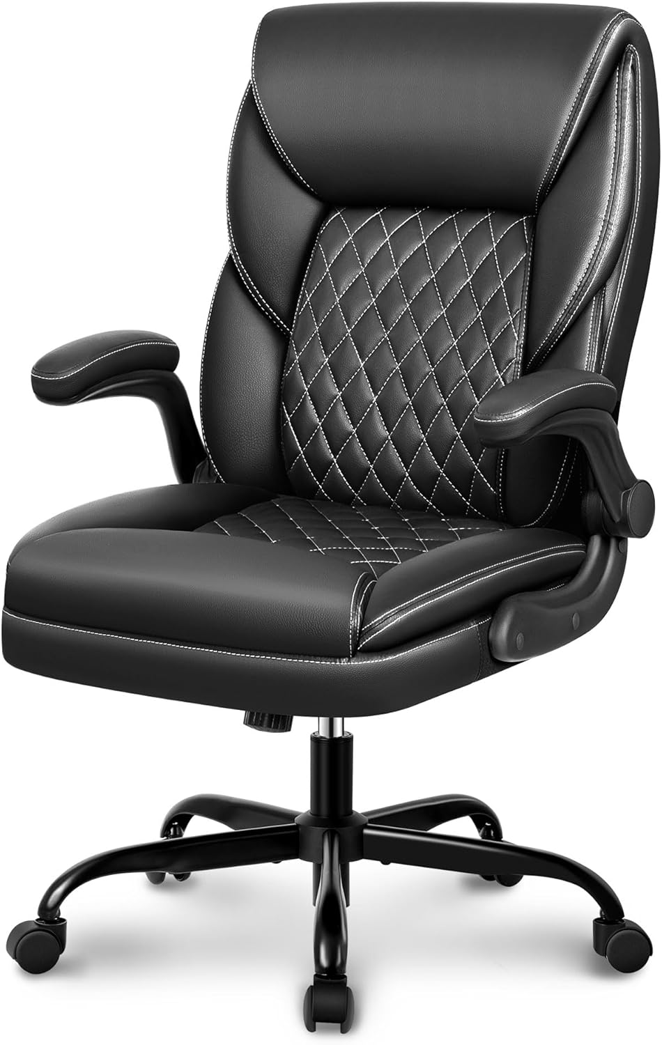 Office Chair, Executive Leather Chair Home Office Desk Chairs, Ergonomic Computer Desk Chair with Adjustable Flip-Up Arms, Lumber Support Swivel Task Chair with Rocking Function (Black)