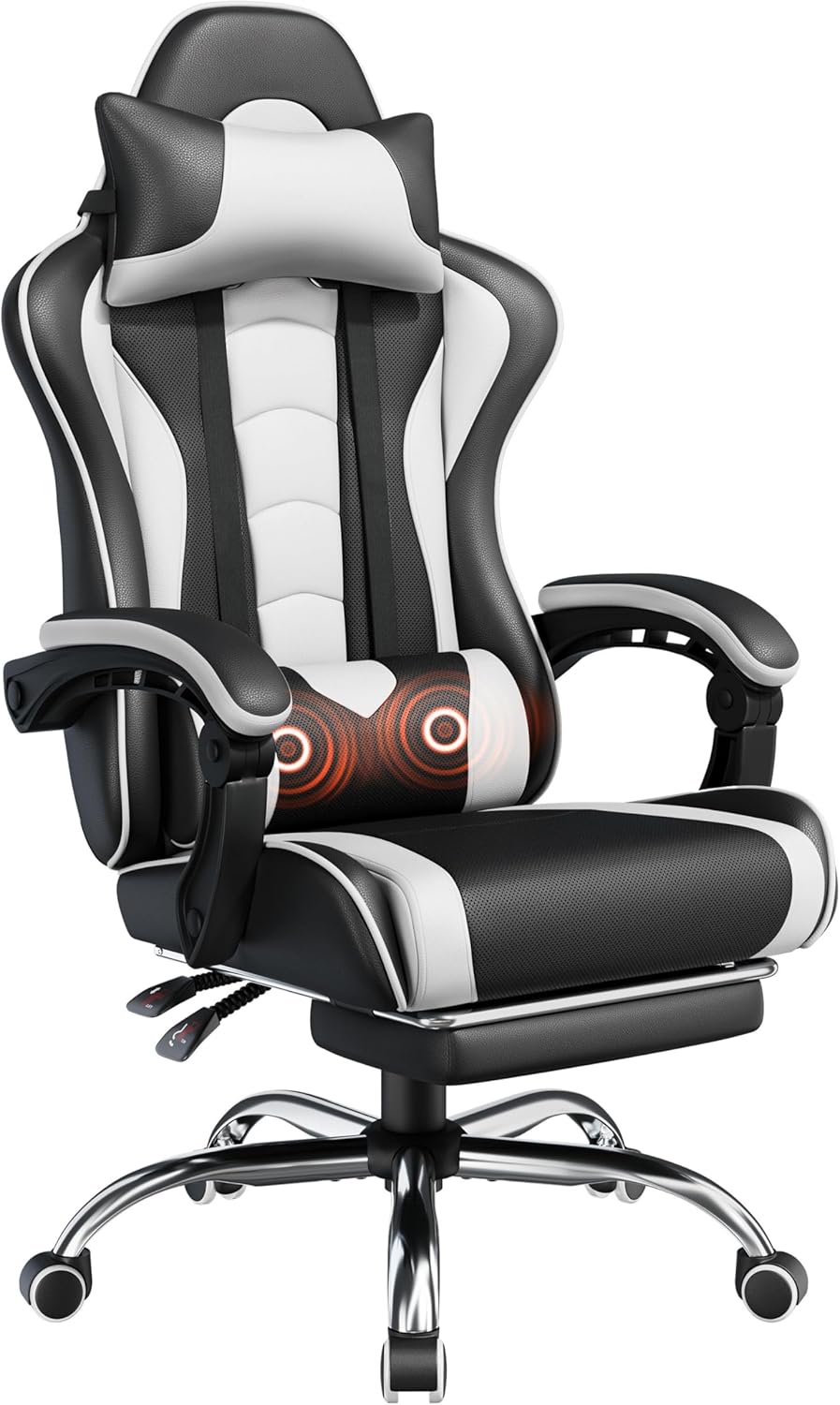 Yaheetech Gaming Chair, Video Game Chair with Massage Lumbar Support and Footrest Height Adjustable Ergonomic Computer Gaming Chair with Swivel Seat and Headrest, Black/White