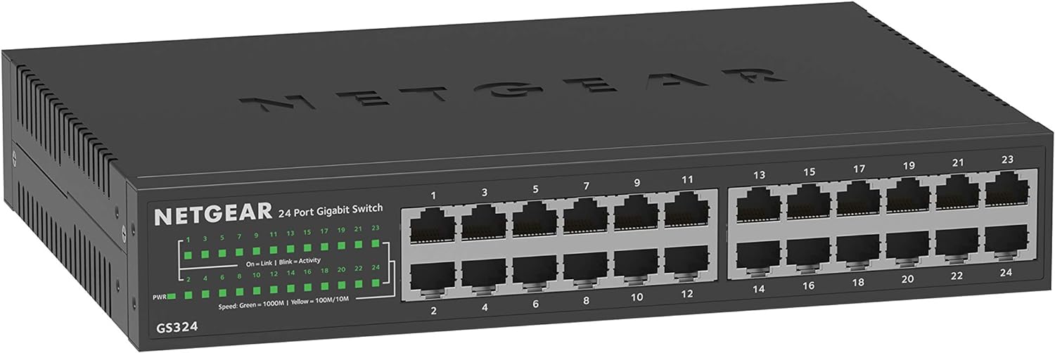 NETGEAR 24-Port Gigabit Ethernet Unmanaged Switch (GS324) – Desktop, Wall, or Rackmount, Silent Operation