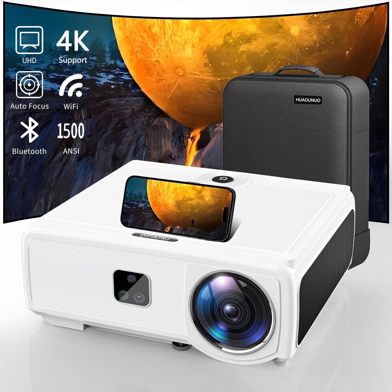 [1500ANSI & Auto Focus/Keystone & DoIby Audio]Smart 4K Projector with 5G WIFI & Bluetooth.Home Outdoor Movie Projector HDR10+,500″Display,50%Zoom,PPT,ARC.Projector 4K+Compatible w/TV Stick,iOS,Android