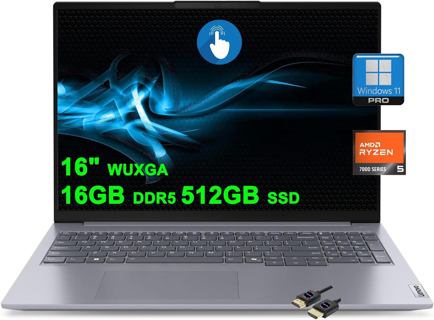 Lenovo ThinkBook 16 G7 Business Laptop | 16″ WUXGA Anti-Glare Touch | AMD 6-core Ryzen 5 7535HS (>i7-11800H) | 16GB DDR5 512GB SSD | Backlit Fingerprint USB-C FHD Privacy Camera Win11Pro + HDMI Cable