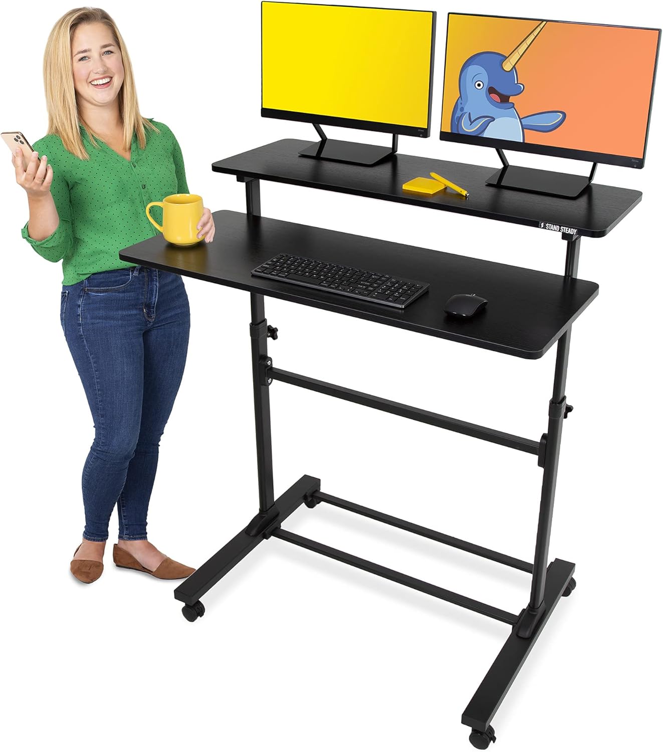 Stand Steady Tranzendesk | Height Adjustable Teacher Desk on Wheels | Mobile Standing Desk with Shelf | Two Level Portable Workstation | Stand Up Desk for Presentations (Black/40x28in)