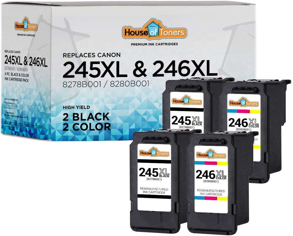 Remanufactured 4-Pack Ink Cartridges High Yield Replacement for Canon PG-245XL Black and CL246XL Color Pixma iP280, MG2522, MG2525, MG2555, MG2920, MG2922 – (2-Black & 2-Color)