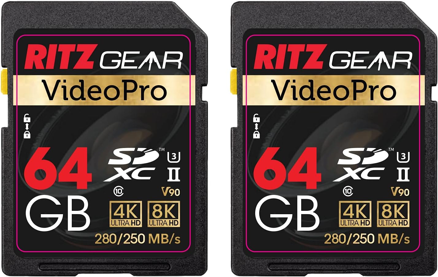 Ritz Gear Video Pro SD Card UHS-II 64GB SDXC Memory Card 2-Pack U3 V90 A1, Extreme Performance Professional (R 280mb/s 250mb/s W) for Advanced DSLR,Well-Suited for Video, Including 4K,8K, 3D, Full HD