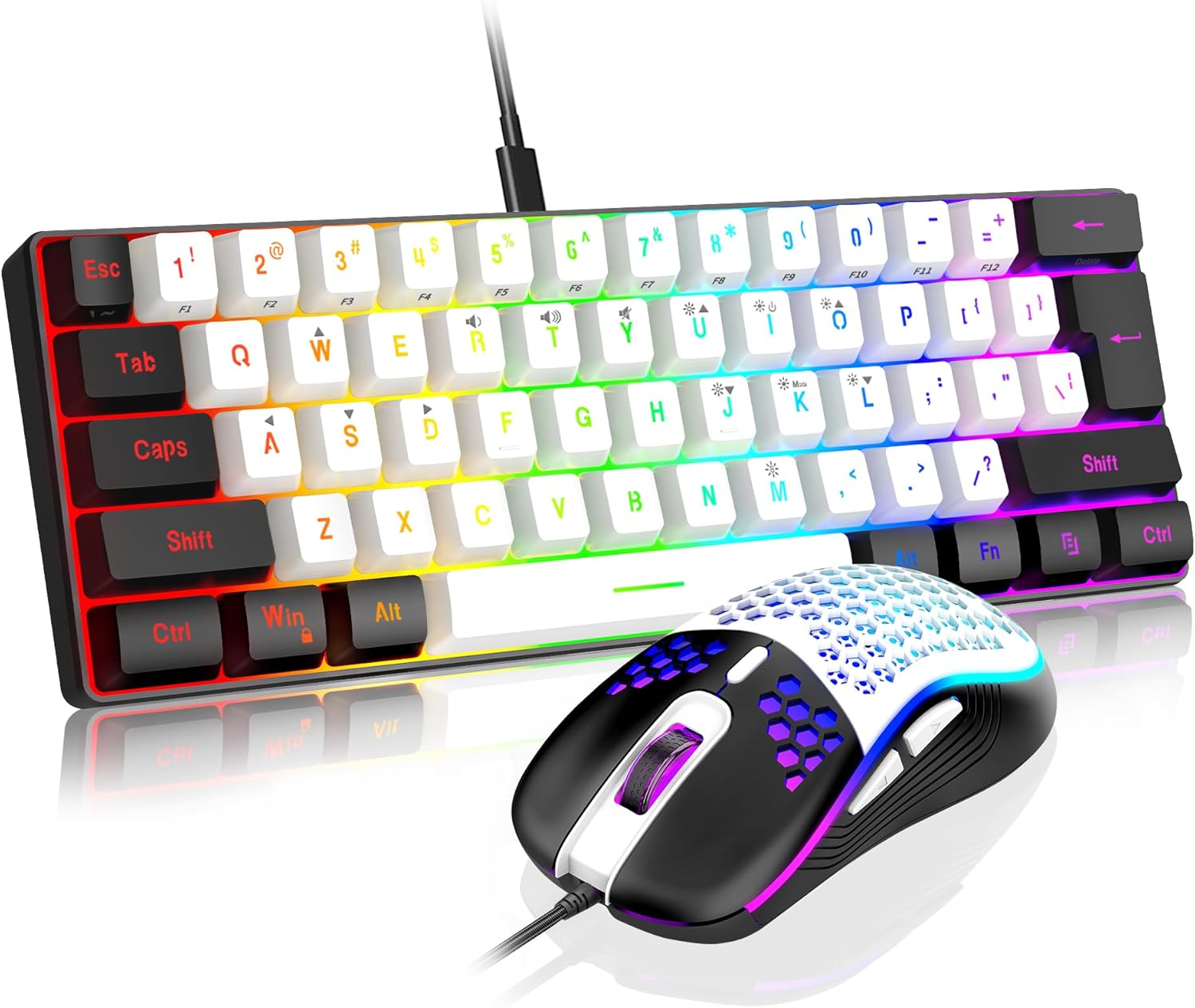 RedThunder 60% Gaming Keyboard and Mouse Combo, Ultra-Compact 61-Key RGB Backlit Mini Keyboard, Lightweight 7200 DPI Honeycomb Optical Mouse, RGB Wired Gaming Set for PC PS5 Xbox Gamer(White-Black)