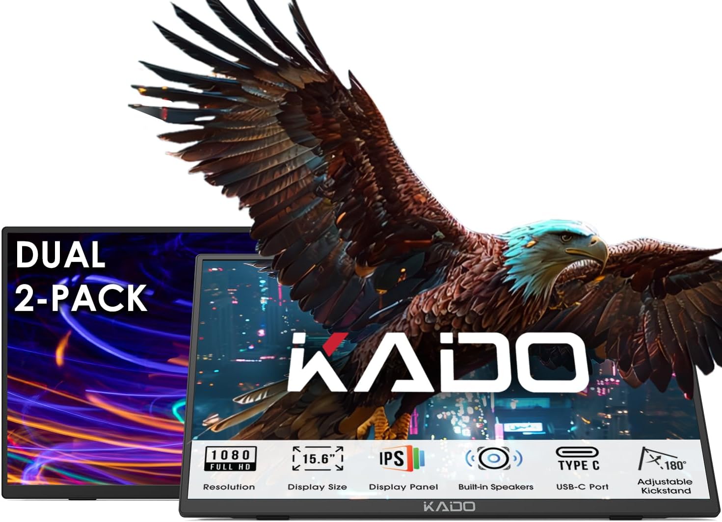 Kado Dual Portable Monitor Setup – 2-Pack 15.6” FHD 1080p, Triple Monitor Extender USB-C HDMI Gaming Monitor Office Ultra-Slim IPS Display Built-in Speakers, 180° Kickstand Stacked Monitor Setup