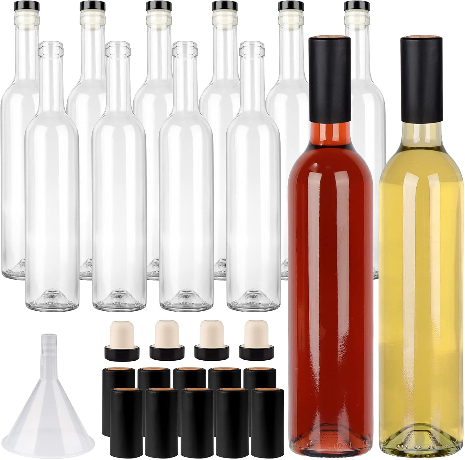 12 Pack 16oz Clear Glass Bottles with Cork Lids and PVC Shrink Capsules, 500 ml Empty Home Brewing Wine Bottles with Funnel for Sparkling Wine, Juice, Kombucha, Beverages