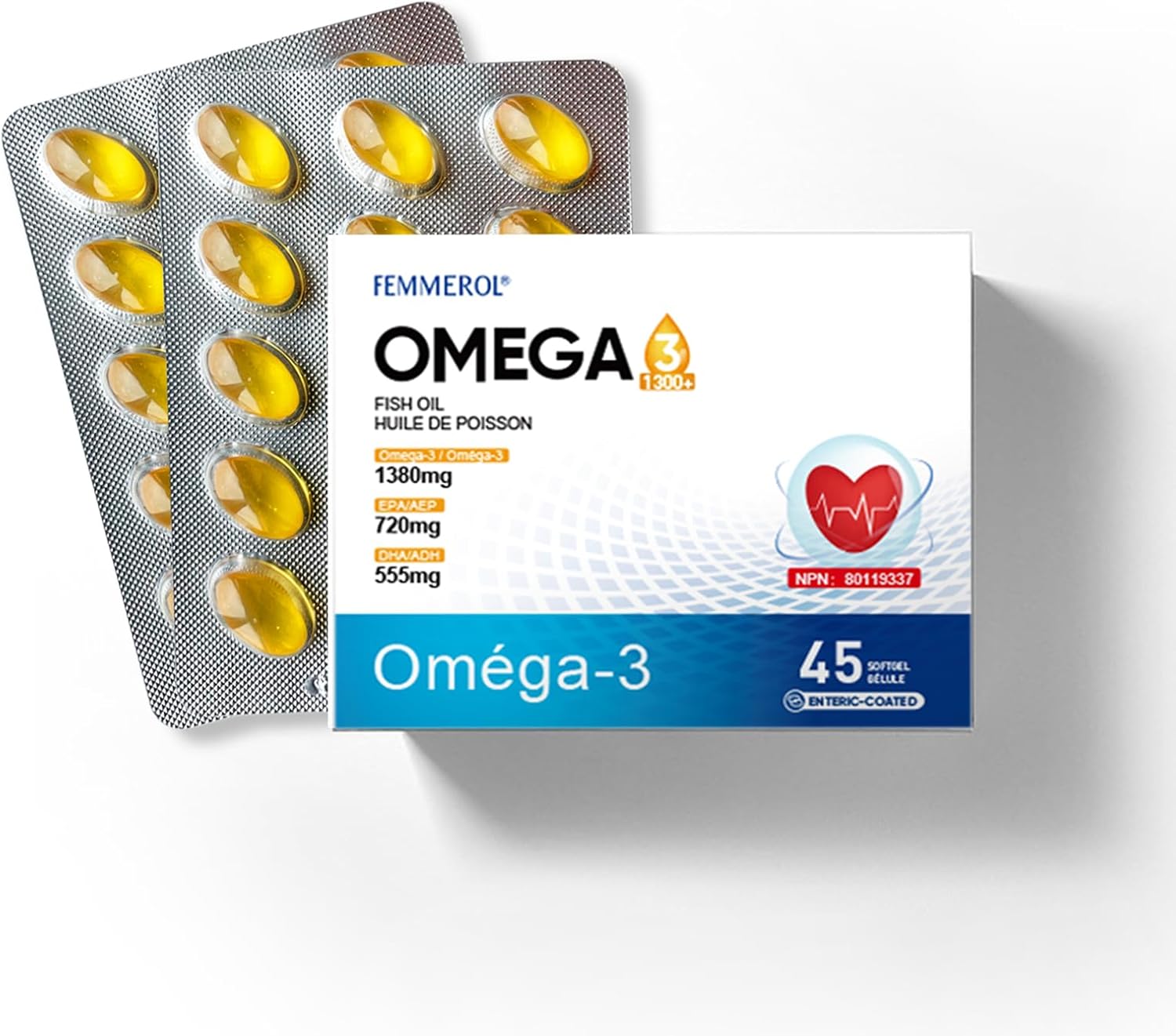 Small Capsule Fish Oil Omega 3 Supplement 1500mg with 1380mg EPA and DHA, Easy to Swallow – Support Heart Brain Skin Eyes Mood and Joint Health – Non GMO – Individual Package (1 Box_45 Count)