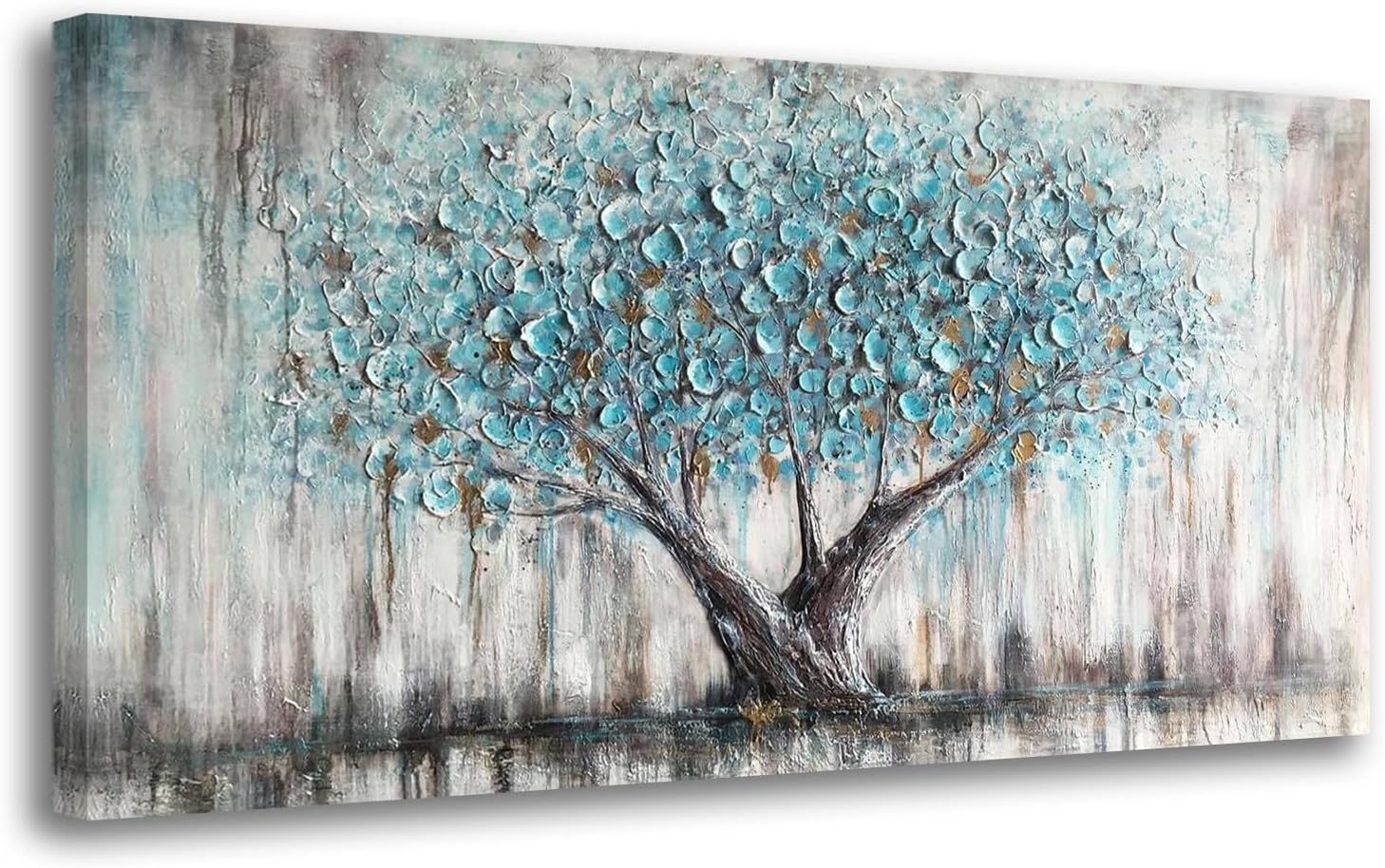 Arjun Tree Wall Art Teal Blue Nature Tree of Life Abstract Canvas Painting Textured Picture, Modern Panoramic Landscape Artwork Framed for Living Room Bedroom Office Home Decor, Extra Large 58″x29″