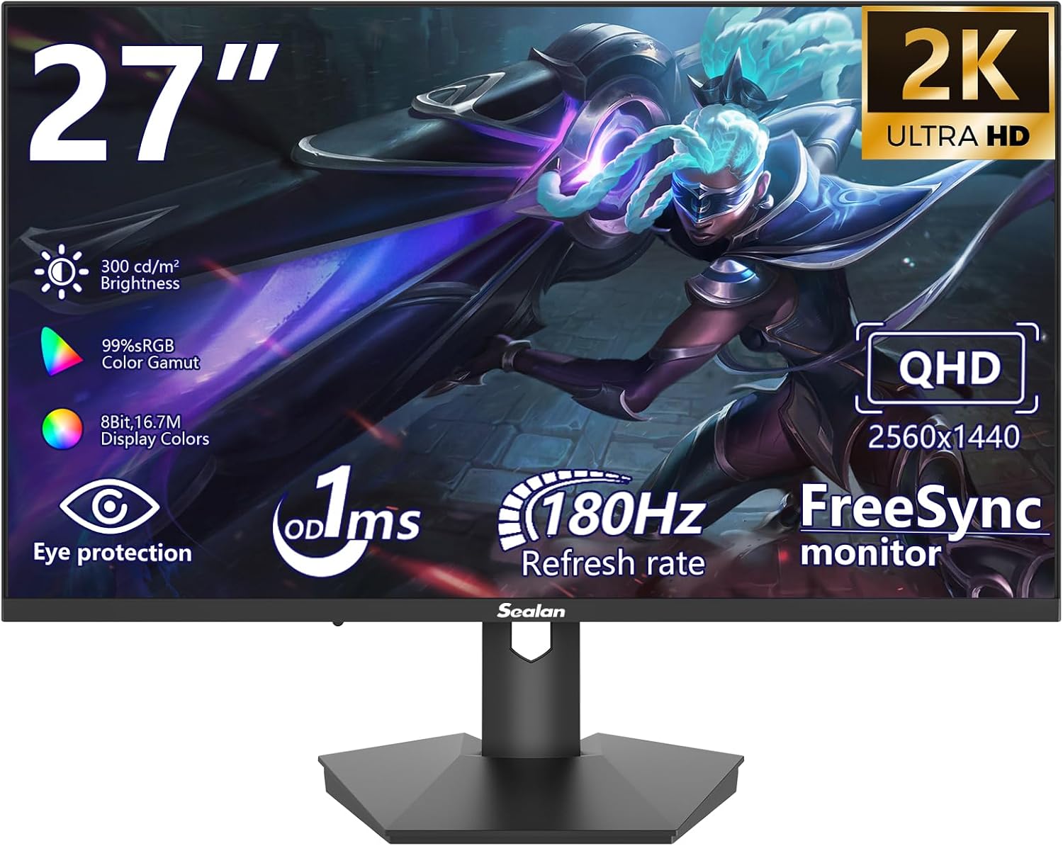 27 inch 2K Gaming Computer Monitor ,QHD 2560×1440, 180Hz,1ms, Height Adjustable,FreeSync, sRGB 99% Color Gamut, HDR10 ,2X HDMI 2.0,2x Display Port,PC Monitor Support Wall Mount install(75*75mm)