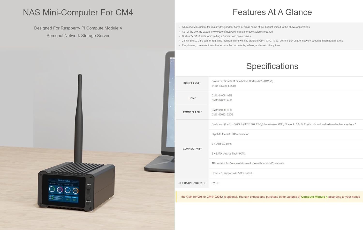 Network Attached Storage(NAS) All-in-One Mini-Computer for Raspberry Pi Compute Module 4, Personal Network Storage Server, RPi CM4104008 Included (CM4-NAS-Double-Deck-C4A)