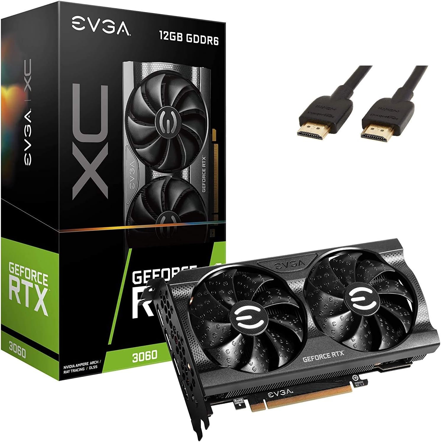 EVGA GeForce RTX 3060 XC Gaming 12GB GDDR6, 12G-P5-3657-KR, Metal Backplate, Dual-Fan W/ HDMI Cable Bundle