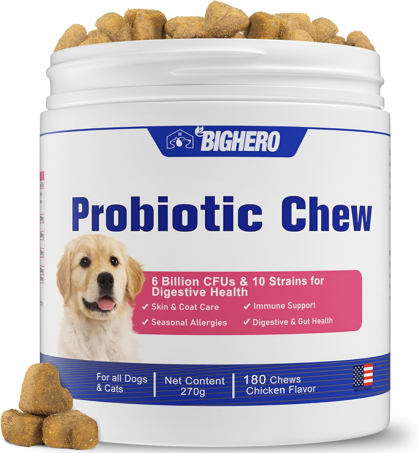 Bighero Probiotics for Dogs – Dog Probiotics for Gut Health & Digestive Health, Support Immune System, Diarrhea & Seasonal Allergies, Dog Supplement with Prebiotics & Digestive Enzymes, 180 Soft Chews