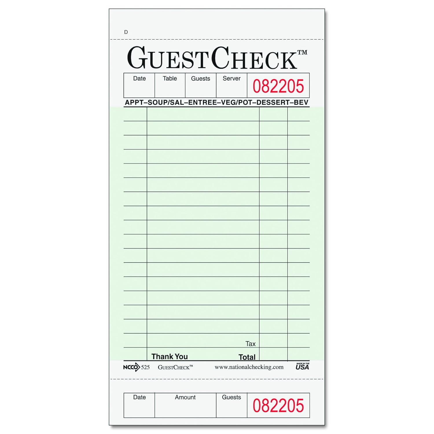 Company 525 Guest Check Pad, Receipt Stubs, 3 1/2 x 6 3/4, One-Part Carbonless, 50 Forms (Case of 2500 Sheets)