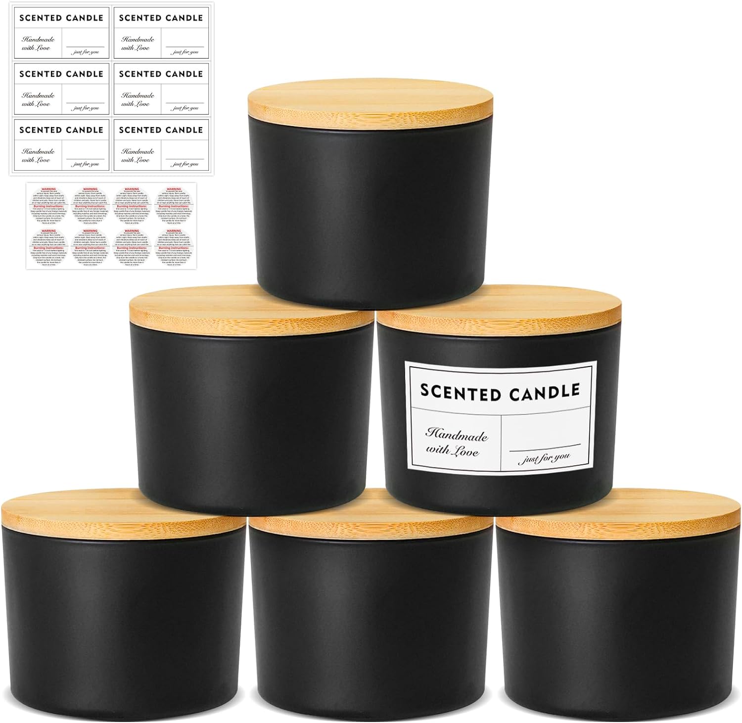 16oz Candle Jars 6 Pack, 3 Wick Matt Black Glass Empty Candle Jars with Bamboo Lids for Candle Making, Large Wide Mouth Candle Container Bulk for 12/13/14/15oz Candles, with Stickers and Label