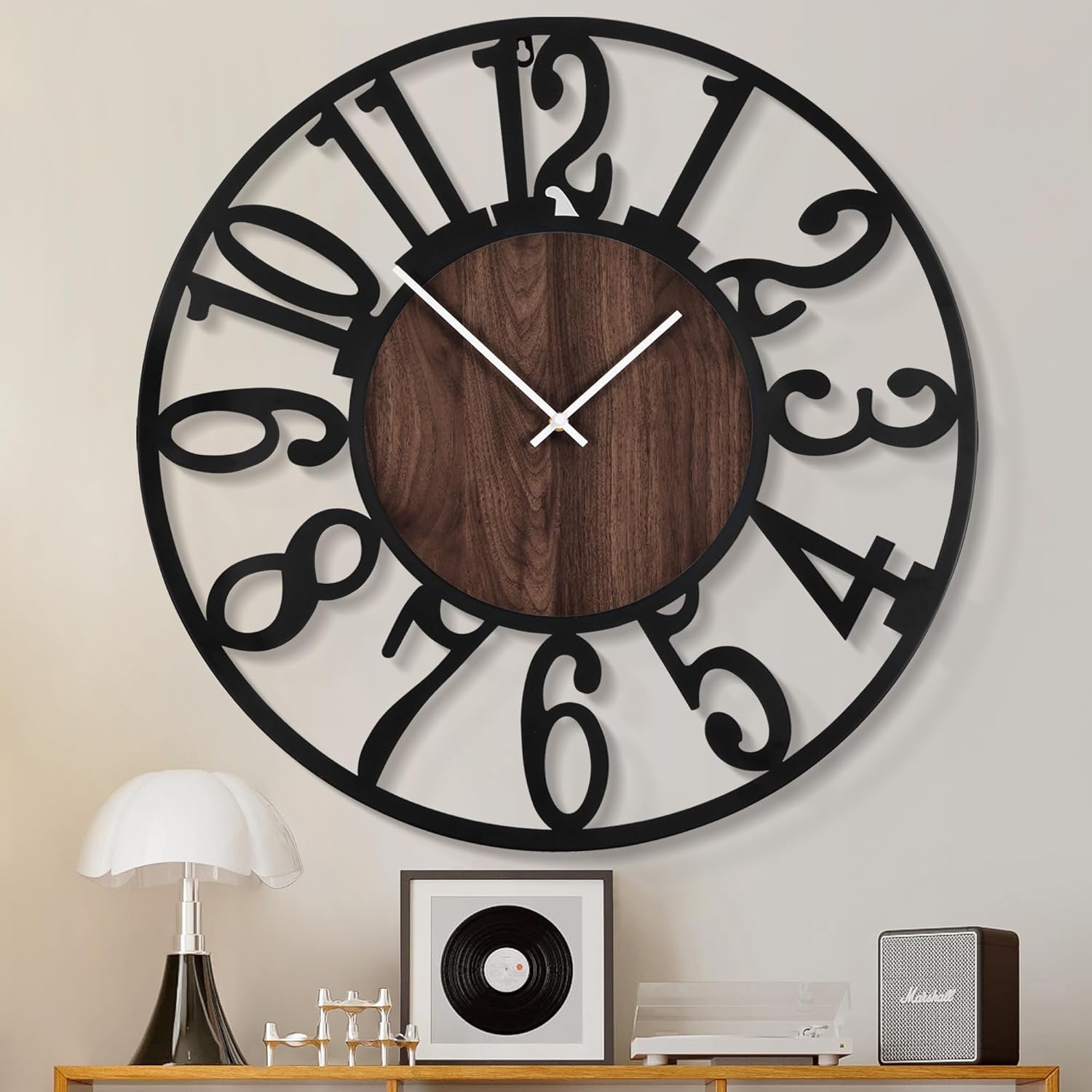 1st owned Extra Large Wall Clocks for Living Room Decor- Modern 32 inches Silent Non Ticking Black Arabic Numbers Metal Clocks for Farmhouse,Dining Room,Bedroom, Battery Operated Wood Clock Wall Decor