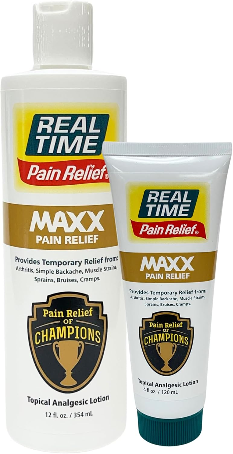 Real Time Pain Relief MAXX 12oz Bottle & 4oz Tube Bundle | Intensive Formula with 18 Natural Ingredients | Fast-Acting Relief for Muscle Pain, Arthritis, Backaches, and More