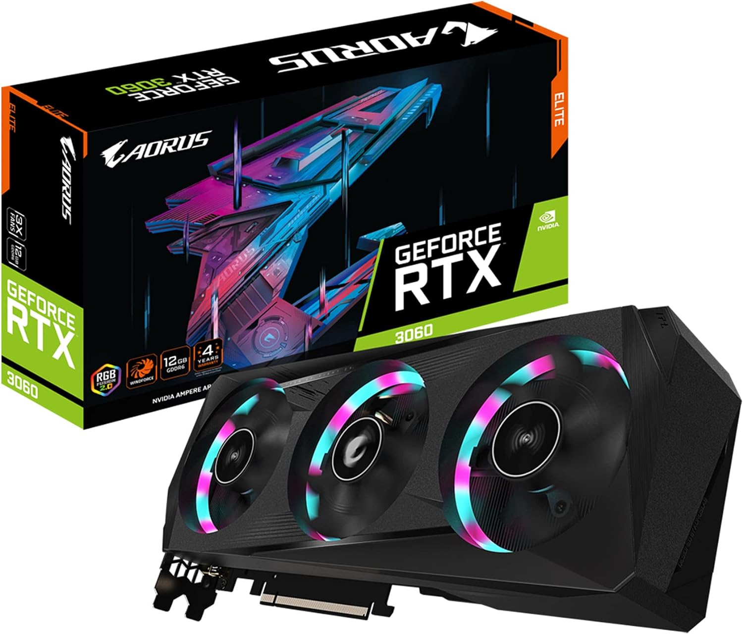 GIGABYTE AORUS GeForce RTX 3060 Elite 12G (REV2.0) Graphics Card, 3X WINDFORCE Fans, 12GB 192-bit GDDR6, GV-N3060AORUS E-12GD Video Card (Renewed)