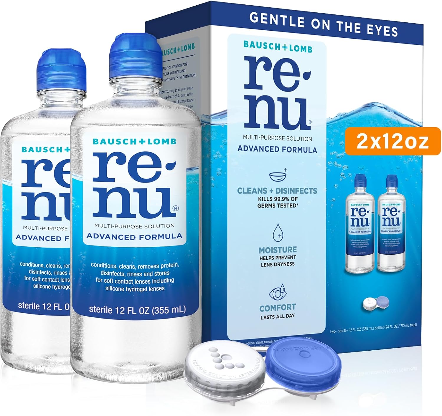 Renu Contact Lens Solution Advanced Formula Multipurpose Lens Cleaner for Eye Contacts, Cleaning, Moisturizing and Disinfecting Care for Soft & Silicon Hydrogel Lenses, 12 Fl Oz (Pack of 2)