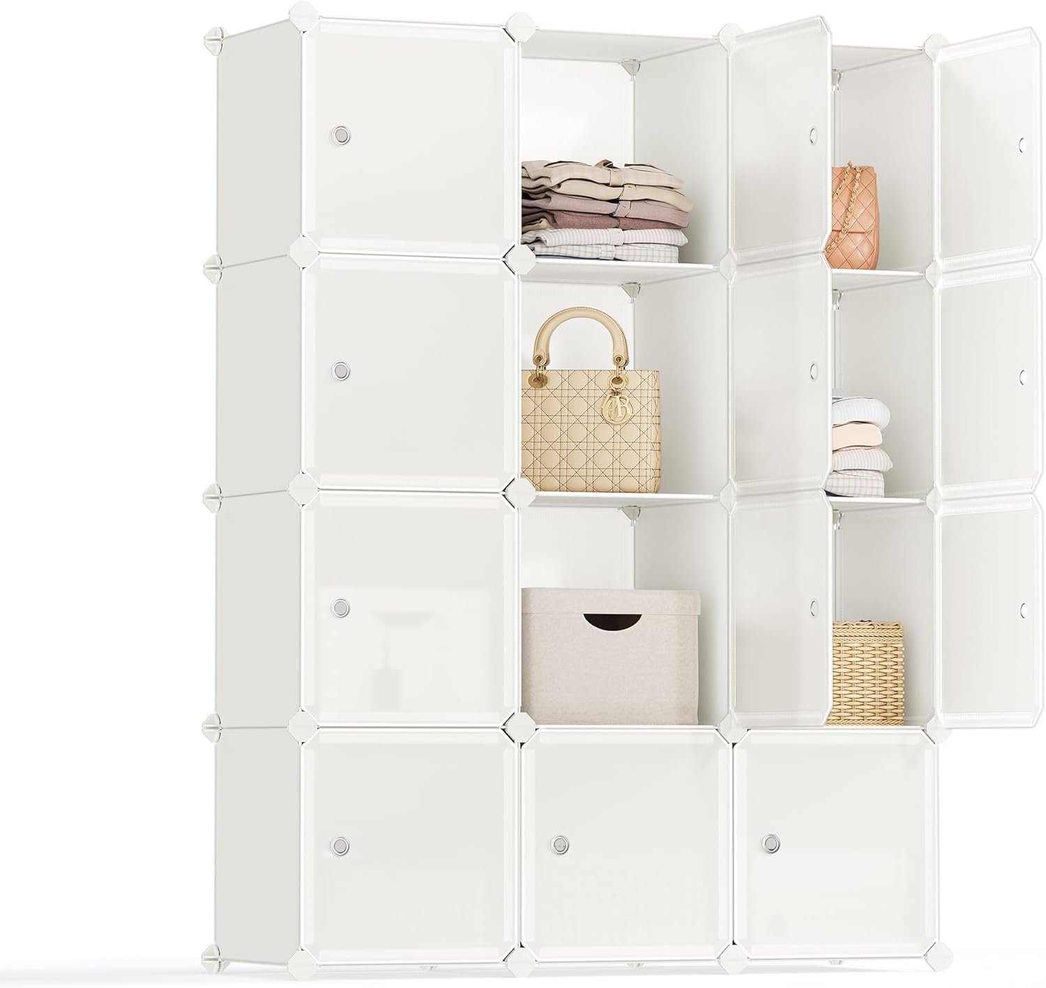 SONGMICS Cube Storage Organizer, Set of 12 Plastic Cubes, Closet Storage Shelves, DIY Plastic Closet Cabinet, Modular Bookcase, Shelving with Doors for Bedroom, Living Room, Cream White ULPC342W02