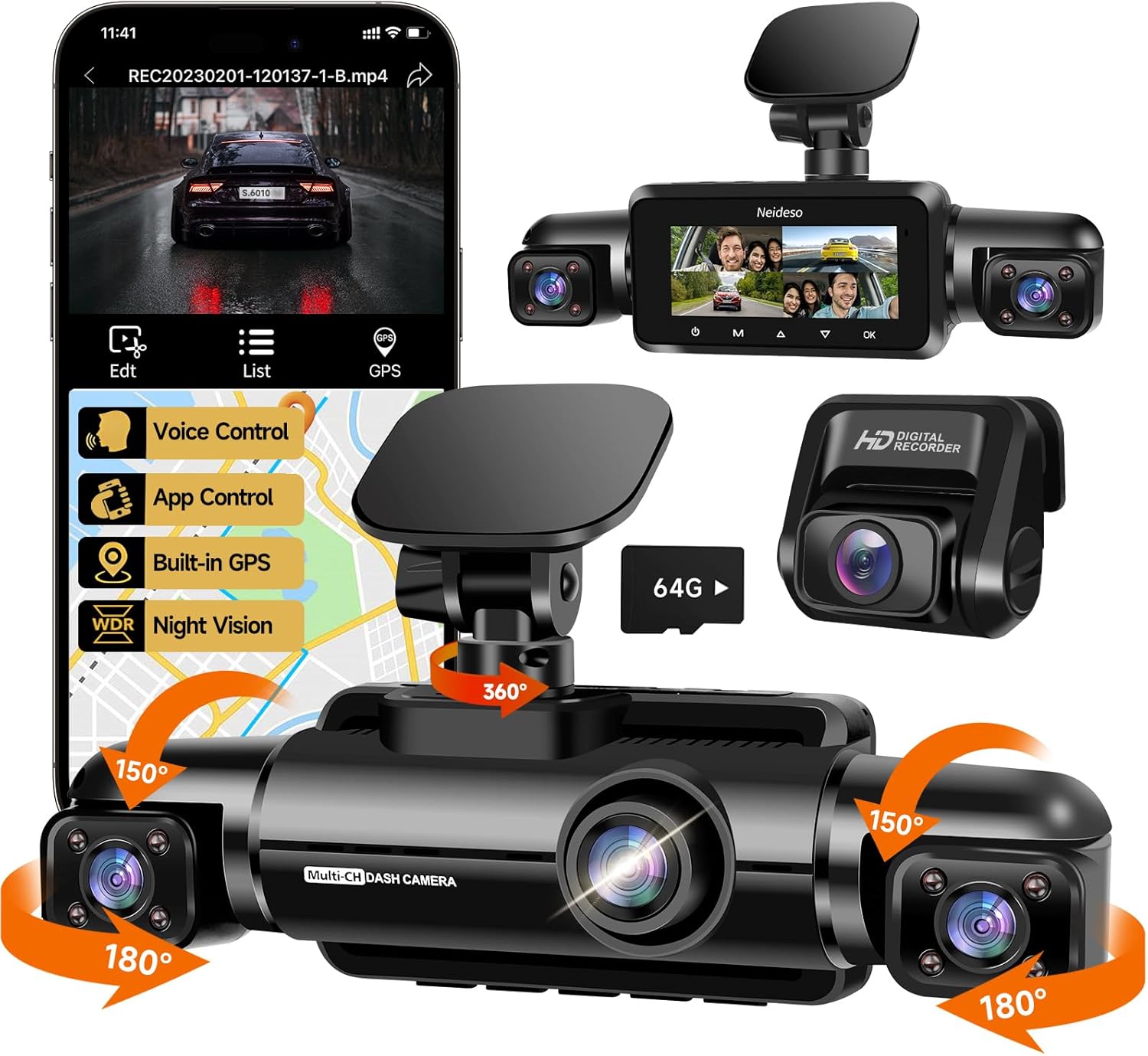 360° Dash Cam Front and Rear Inside, 4 Channel FHD 4 * 1080P, Wi-Fi GPS Voice Control Car Camera, Front 2K+1080P*2 Dash Camera for Cars, with 64GB SD Card, Night Vision, 24H Parking Mode(N300)