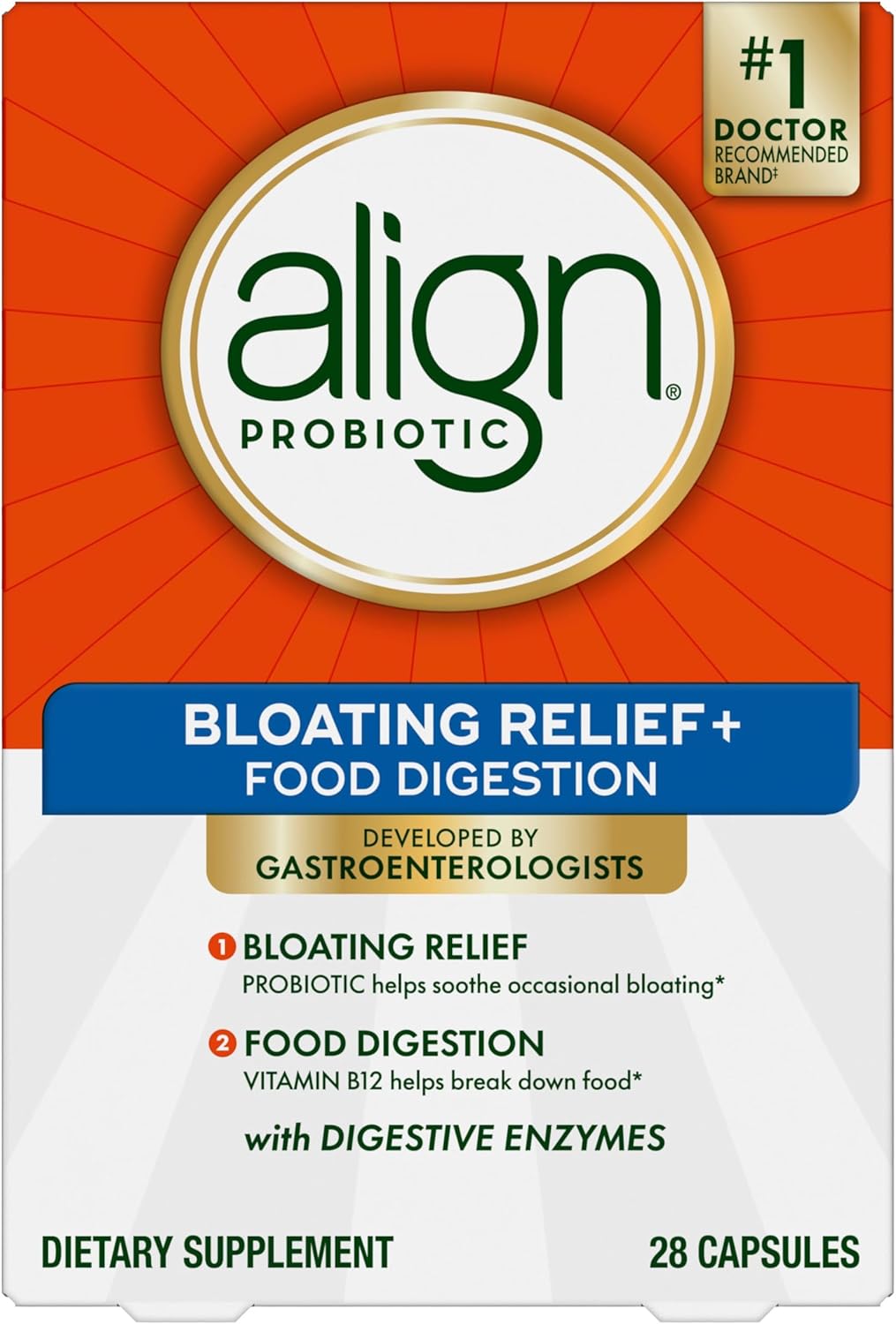 Align Probiotic Bloating Relief + Food Digestion, Probiotics for Women and Men, Promotes Digestive Health and Helps Support the Metabolism of Food*, 28 Capsules (Packaging May Vary)