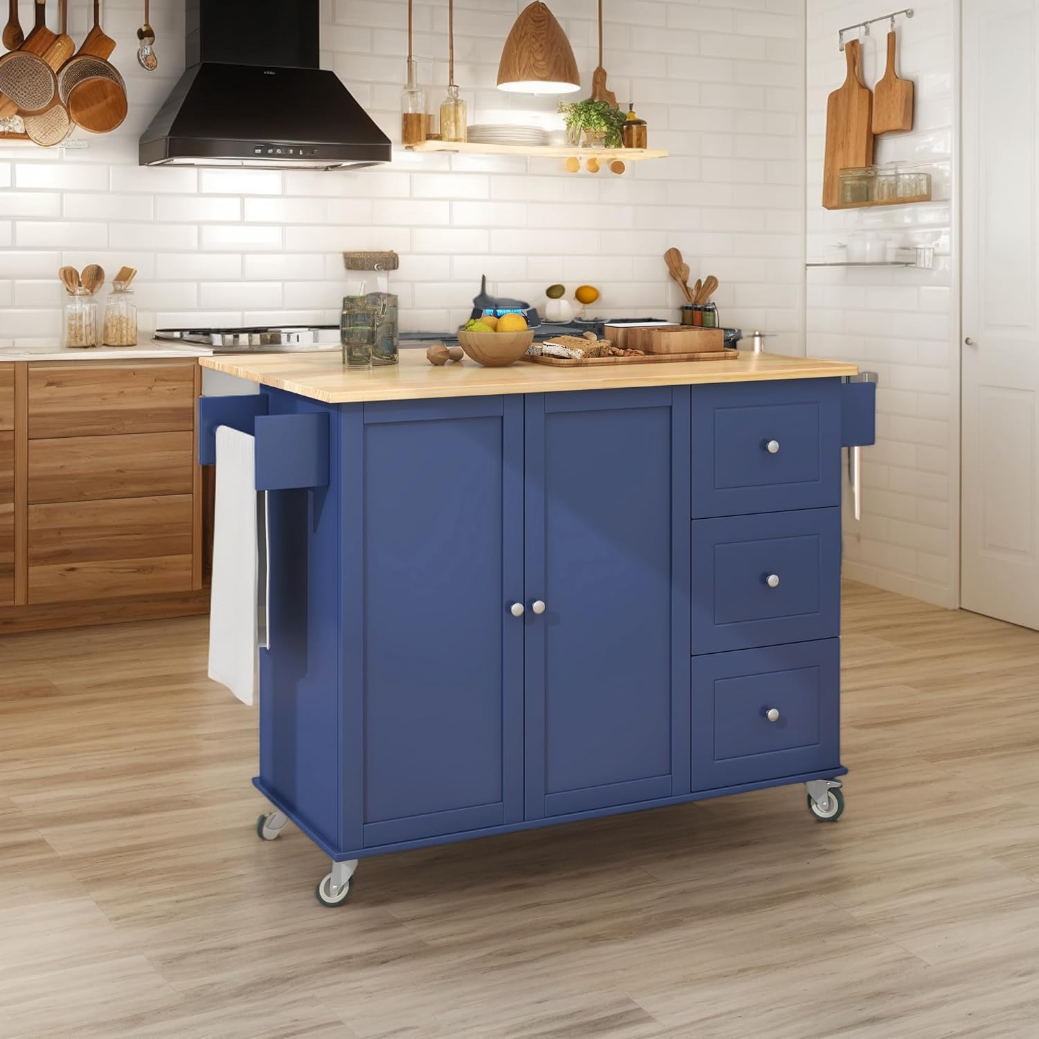 Kitchen Island On Wheels with Drop Leaf, Rolling Kitchen Island Cart with 3 Drawers, Large Kitchen Island with Storage Cabinet,Tower Rack Spice Rack Island Table for Kitchen (Blue)