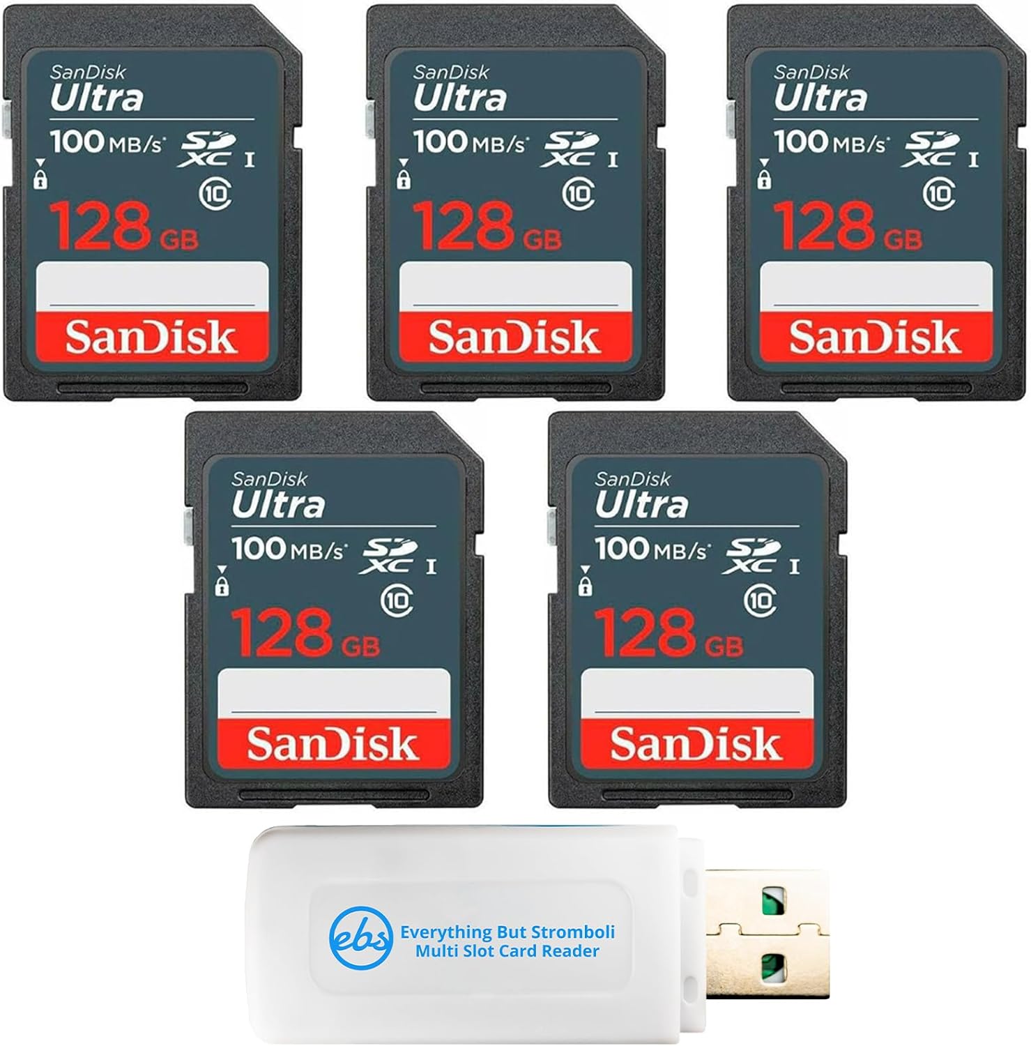 SanDisk 100MB/s SD Ultra 5-Pack Class 10 SDXC 128GB Memory Card SDSDUNR-128G-GN3IN – Bundle with 1 Everything But Stromboli Multi-Slot Memory Card Reader