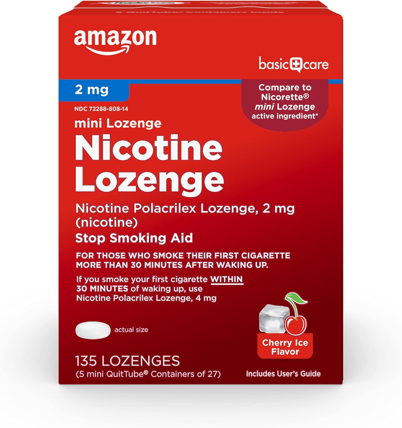 Amazon Basic Care Mini Nicotine Polacrilex Lozenge, 2 mg, Cherry Ice Flavor, Stop Smoking Aid, 135 Count