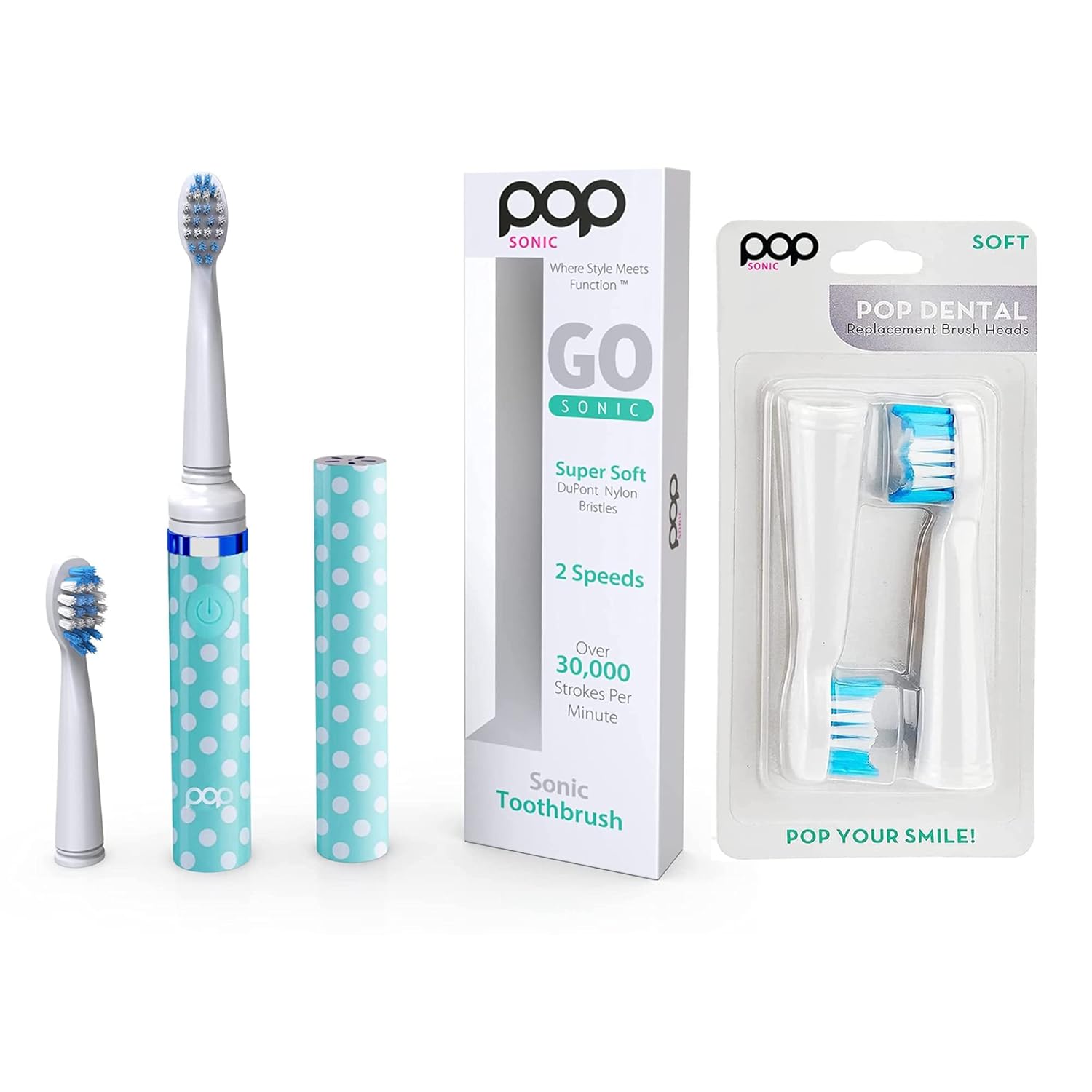 Pop Sonic Electric Toothbrush (Blue Dots) Bonus 2 Pack Replacement Heads – Travel Toothbrushes w/AAA Battery | Kids Electric Toothbrushes with 2 Speed & 15,000-30,000 Strokes/Minute