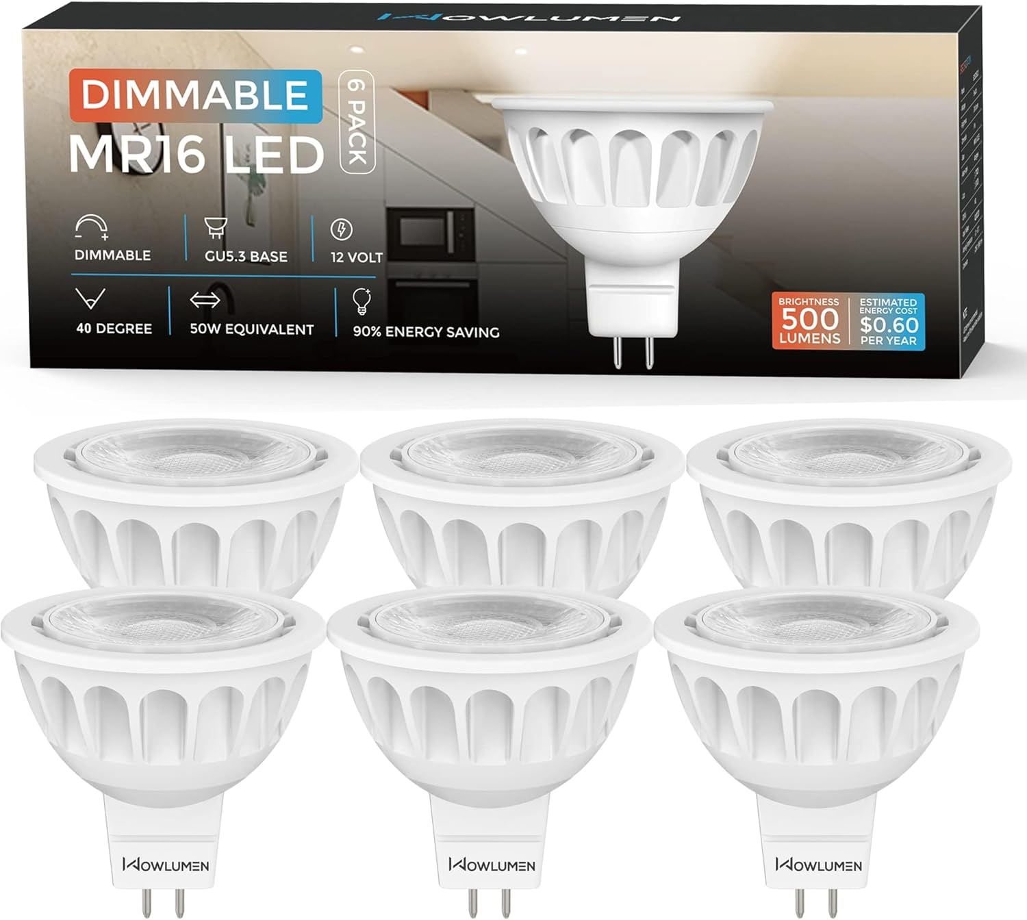 MR16 LED Bulb Dimmable 6 Pack,50W Halogen Replacement, 2700K Warm White GU5.3 Bi-Pin Base,40-Degree Narrow Beam Angle,5W 12V AC DC Indoor Outdoor Tunnable Landscape Lighting Bulbs