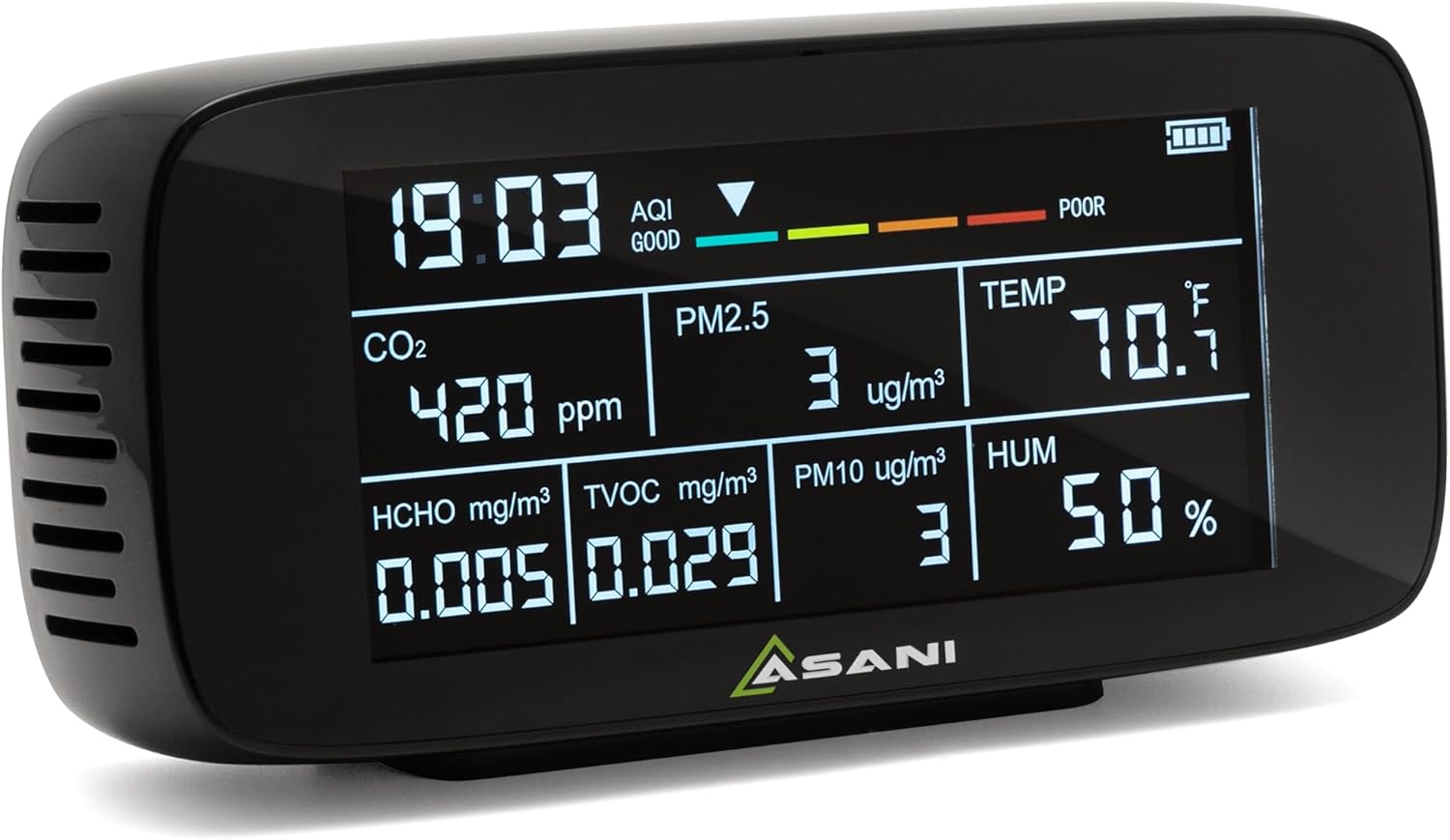 Asani Indoor Air Quality Monitor – 9-in-1 Portable Use for Home, Office – Detects 8 Major Air Pollutants Including CO2, VOC Sensor, Formaldehyde Tester – Room Temperature and Humidity Meter