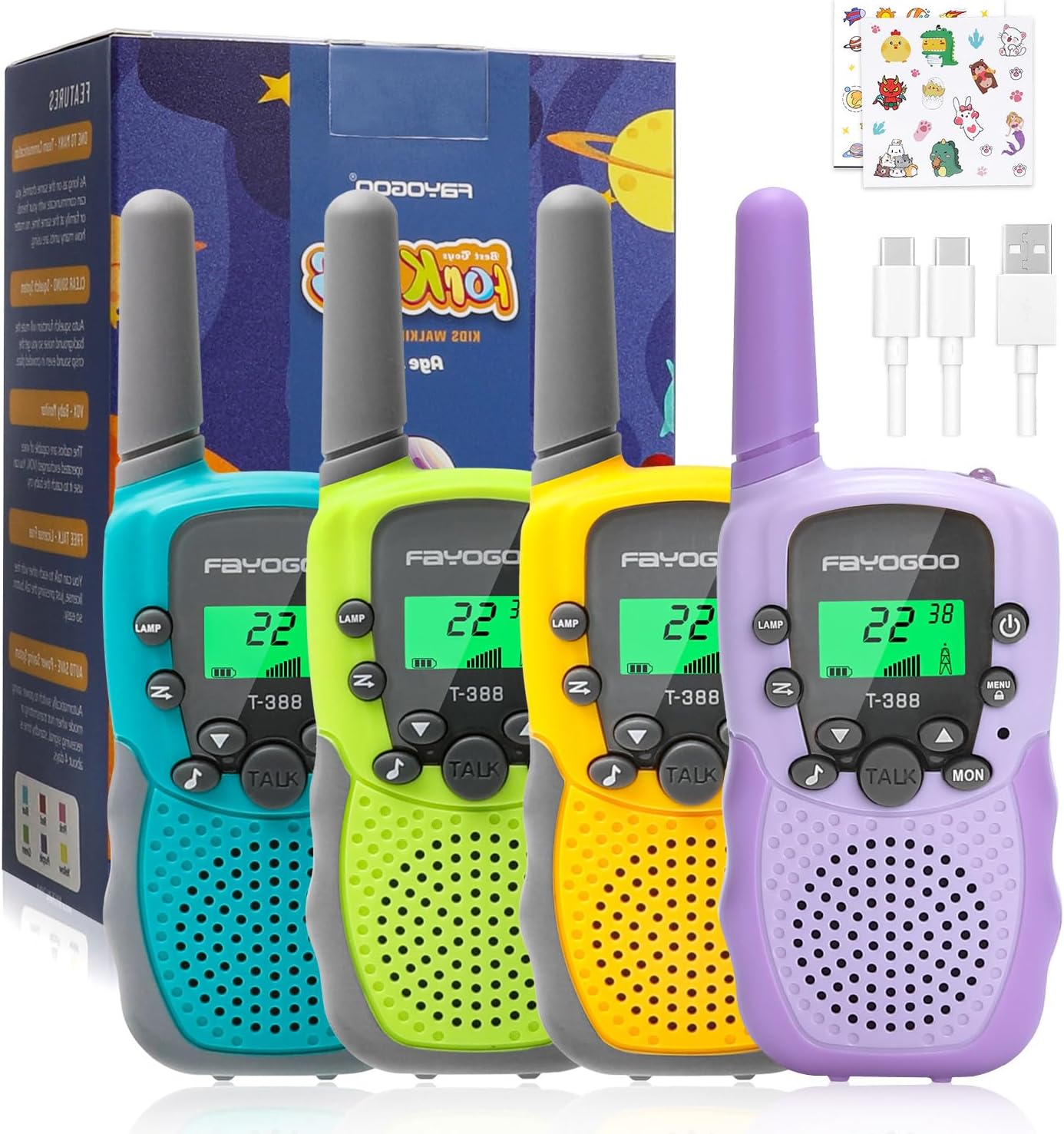 FAYOGOO 4 Pack Walkie Talkies for Kids Long Range 2 Miles, Rechargeable Kids Walkie Talkies with Flashlight, Toys Gifts for 3-12 Year Old Boys Girls,Christmas Birthday Gifts Ideas Present