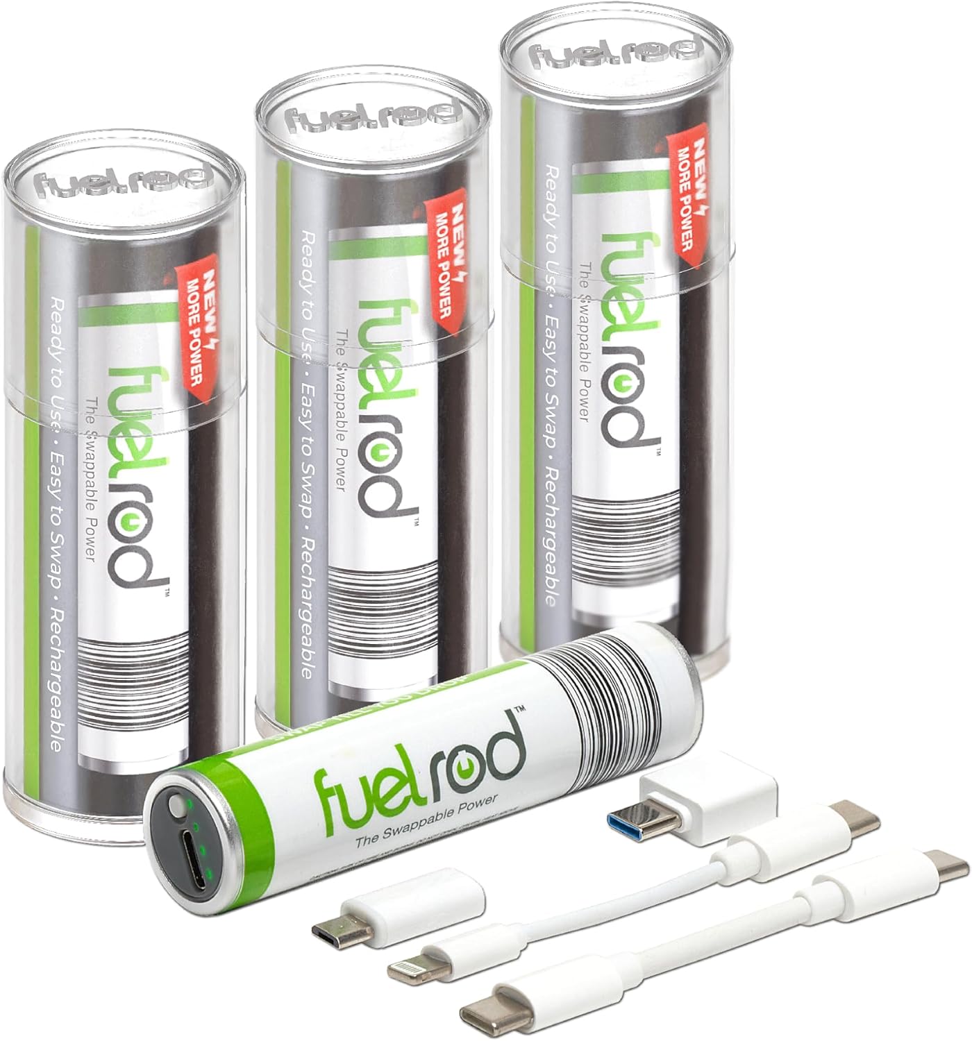 FuelRod USB-C Portable Charger Kit – Pack of 3- Includes All Cables & Adapters Compatible with All Tablets & Smart Phones, Rechargeable Backup Power Bank, Swap for Charged Rod at Kiosk