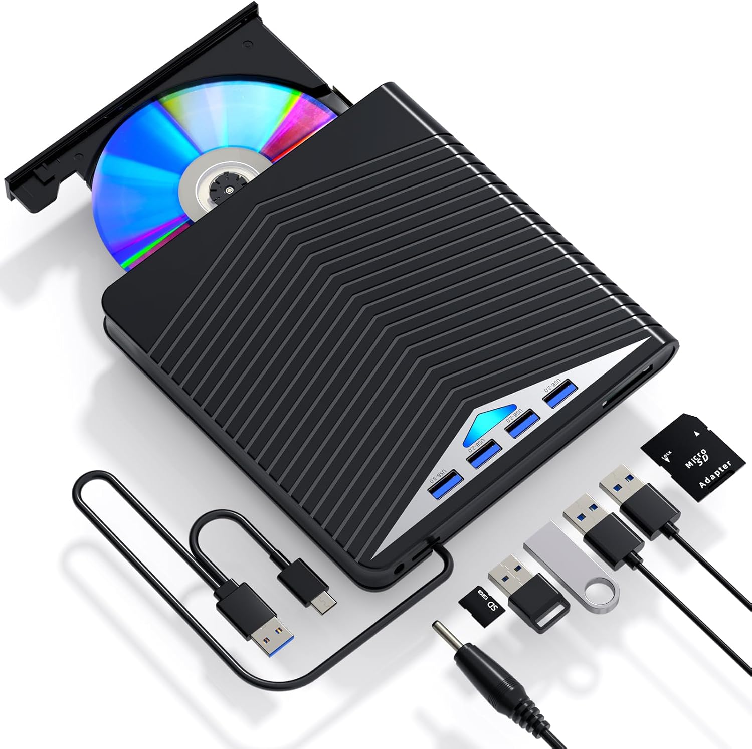 Dainty External CD DVD Drive 7 in 1 CD/DVD Burner USB 3.0 with 4 USB Ports and 2 TF/SD Card Slots Optical Disk Drive for Laptop Mac, Compatible with PC Windows /10/8/7 Linux OS