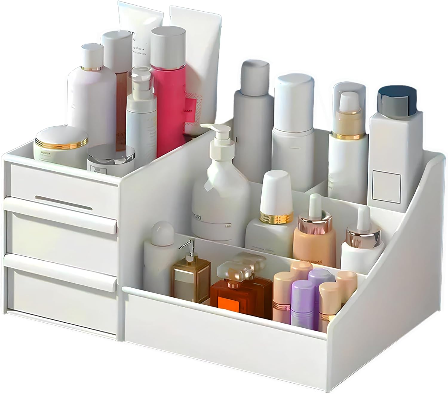 Makeup Organizer Countertop with 4 Beauty Blenders Skincare Organizer Preppy Skincare Bathroom Organizer Storage Skin Care Organizer Vanity Organizer Bathroom Counter Organizer (White)