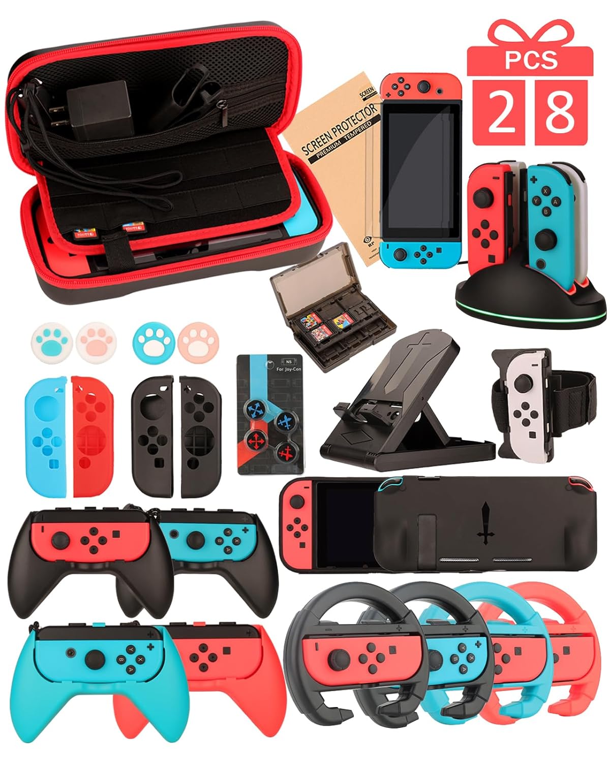 Switch Accessories – Family Bundle Accessories for Nintendo Switch, Carry Case& Screen Protector,4 Pack Joy Con Grips and Steering Wheels, Case Cover,Stand Mount,Joy Con Charger and More.