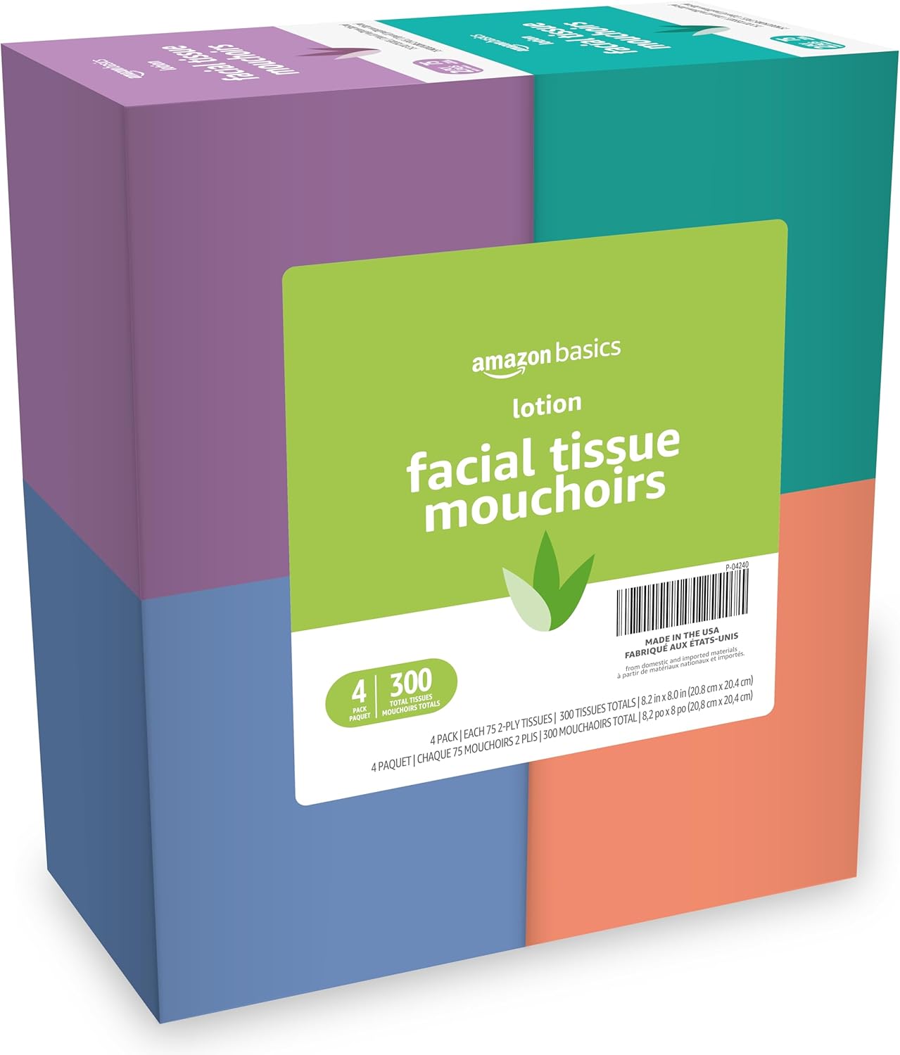 Amazon Basics Facial Tissue with Lotion, 2-Ply, 300 Count (4 Packs 75), (Packaging may vary)