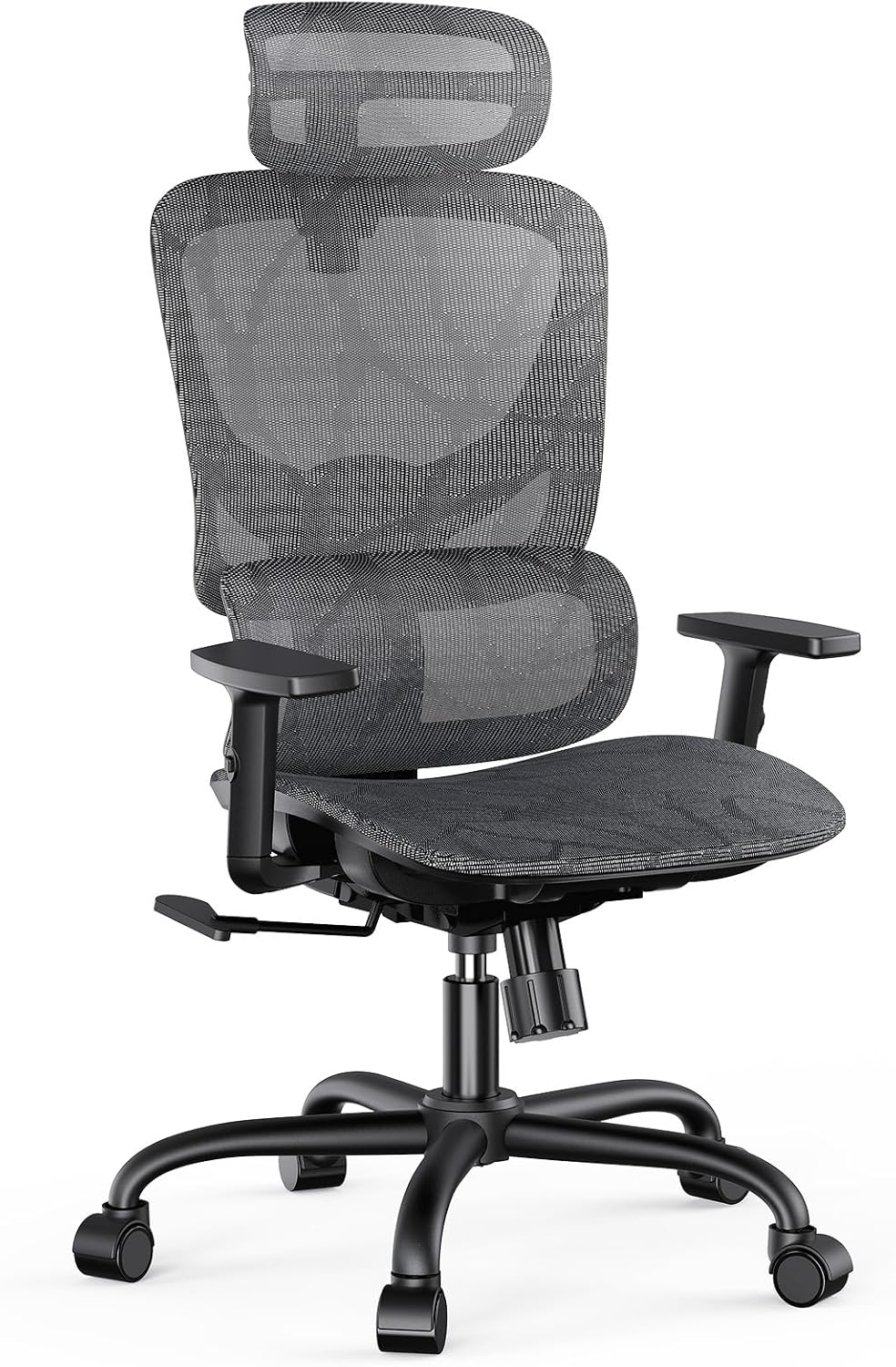 NOBLEWELL Ergonomic Mesh Office Chair with Flexible Adjustment Lumbar Support, High Back Desk Computer Chair with 2D Wide Headrest, Armrests, 130° Rocking Tilt, Home Office Chair for Long Hours, Grey